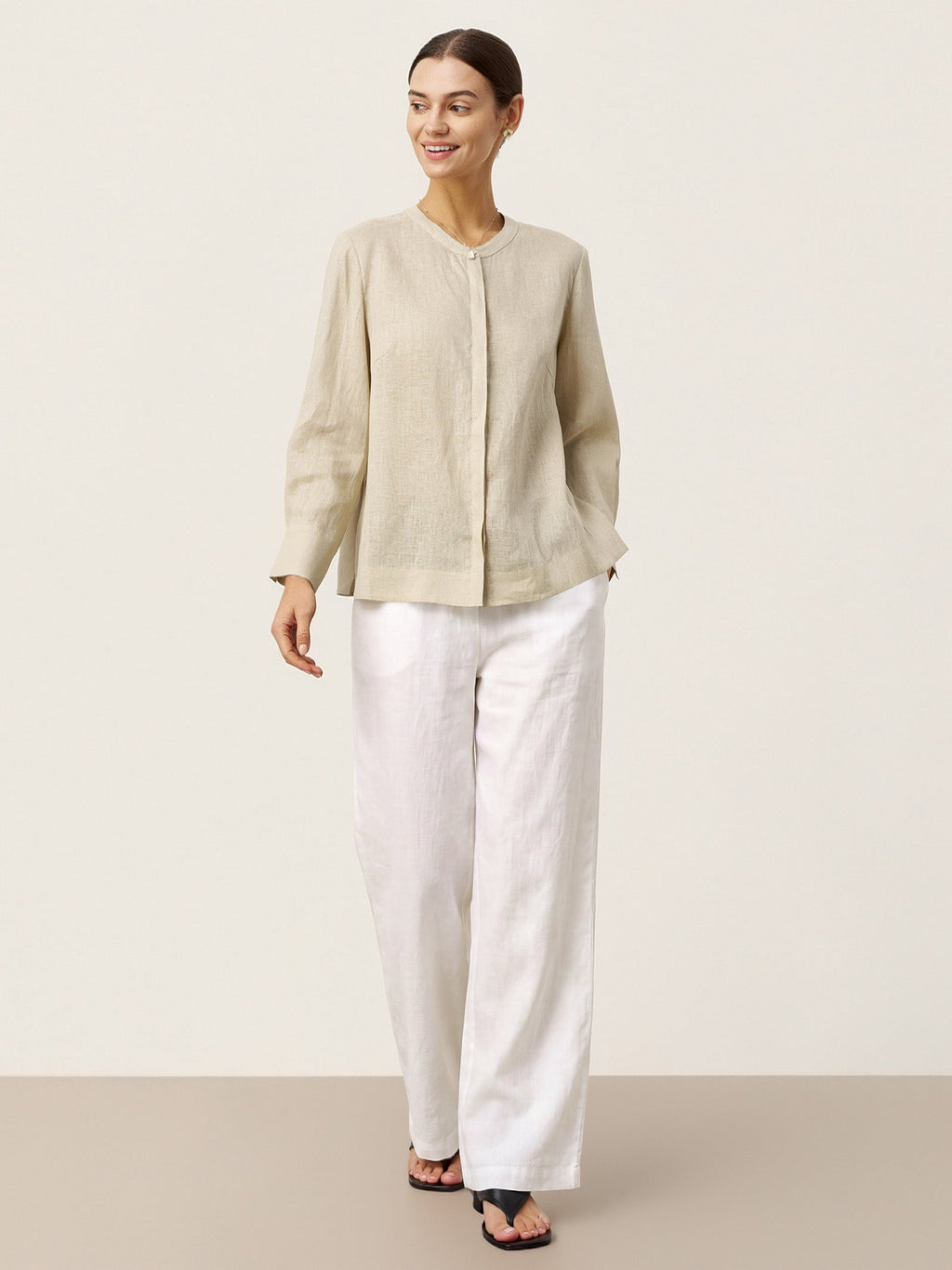 100% Linen Hidden Button Crew Neck Shirt INES LINTICO