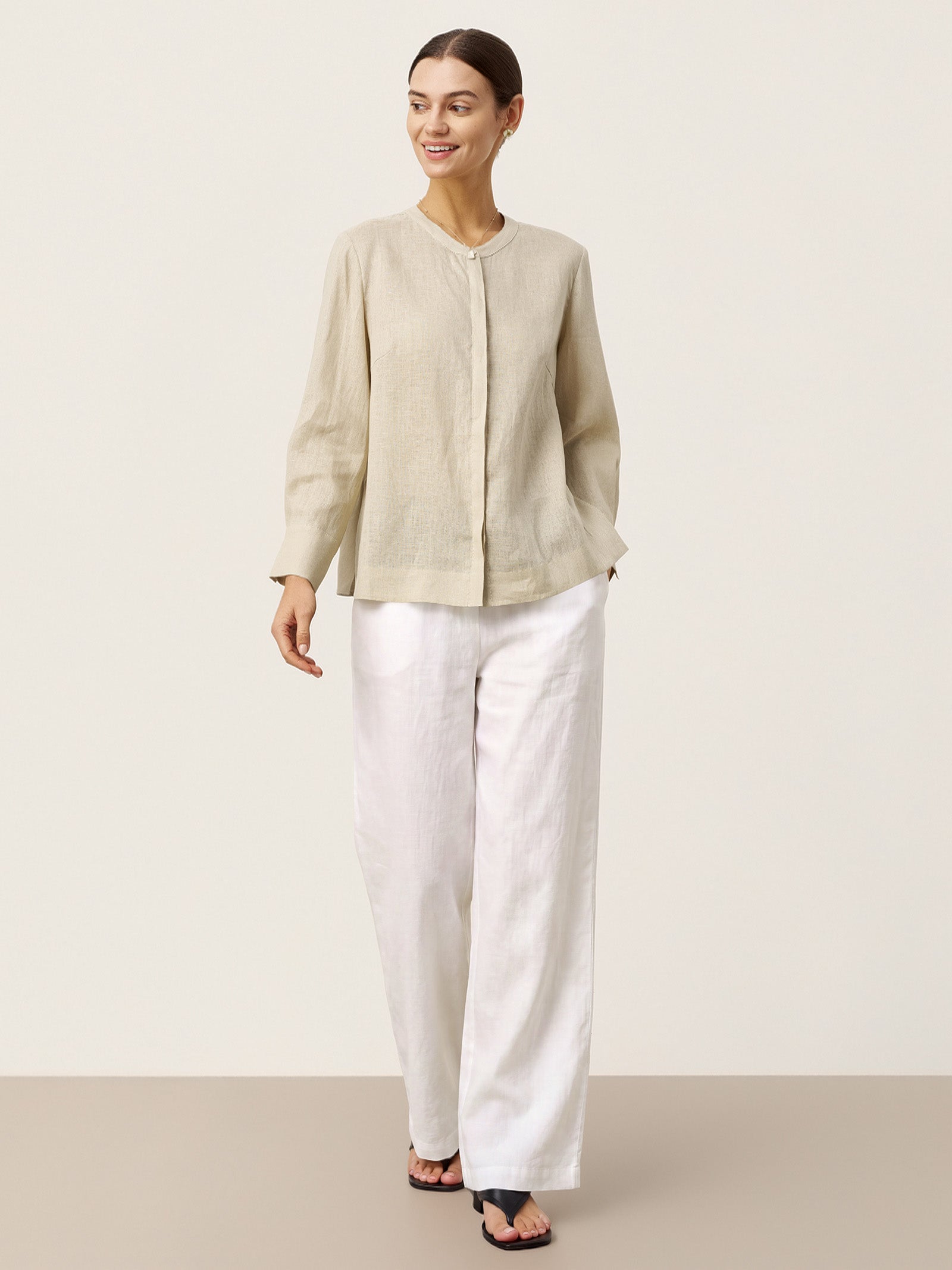 100% Linen Hidden Button Crew Neck Shirt INES LINTICO