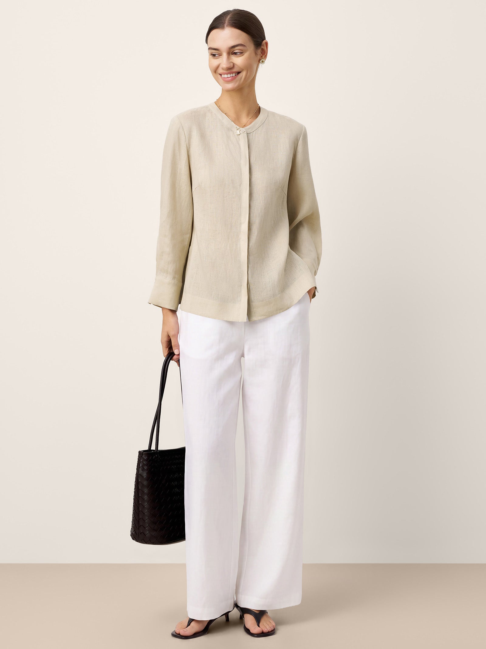 100% Linen Hidden Button Crew Neck Shirt INES LINTICO