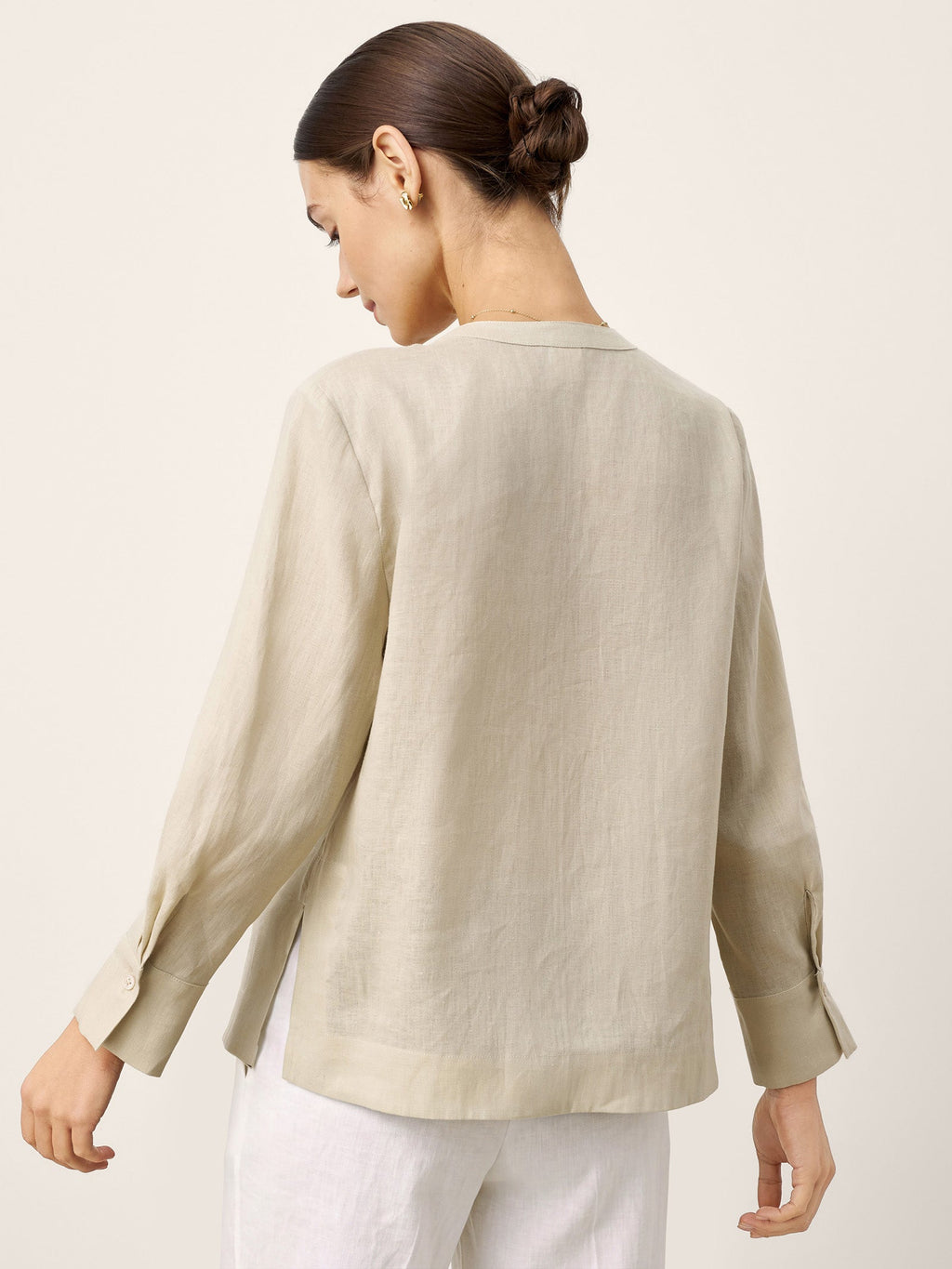 100% Linen Hidden Button Crew Neck Shirt INES LINTICO