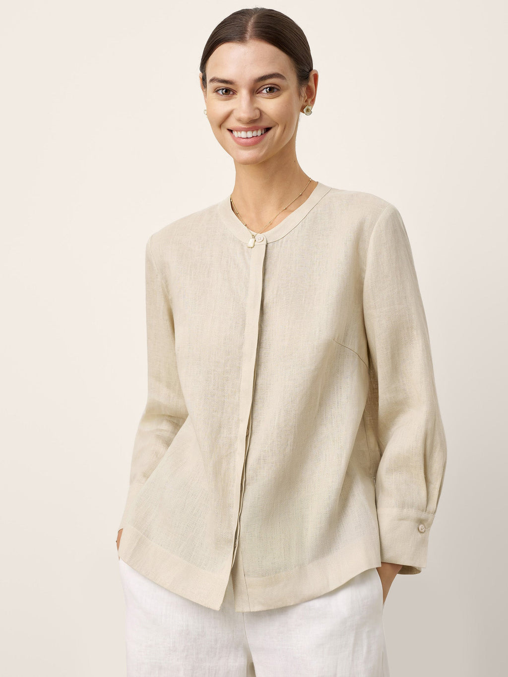 100% Linen Hidden Button Crew Neck Shirt INES LINTICO
