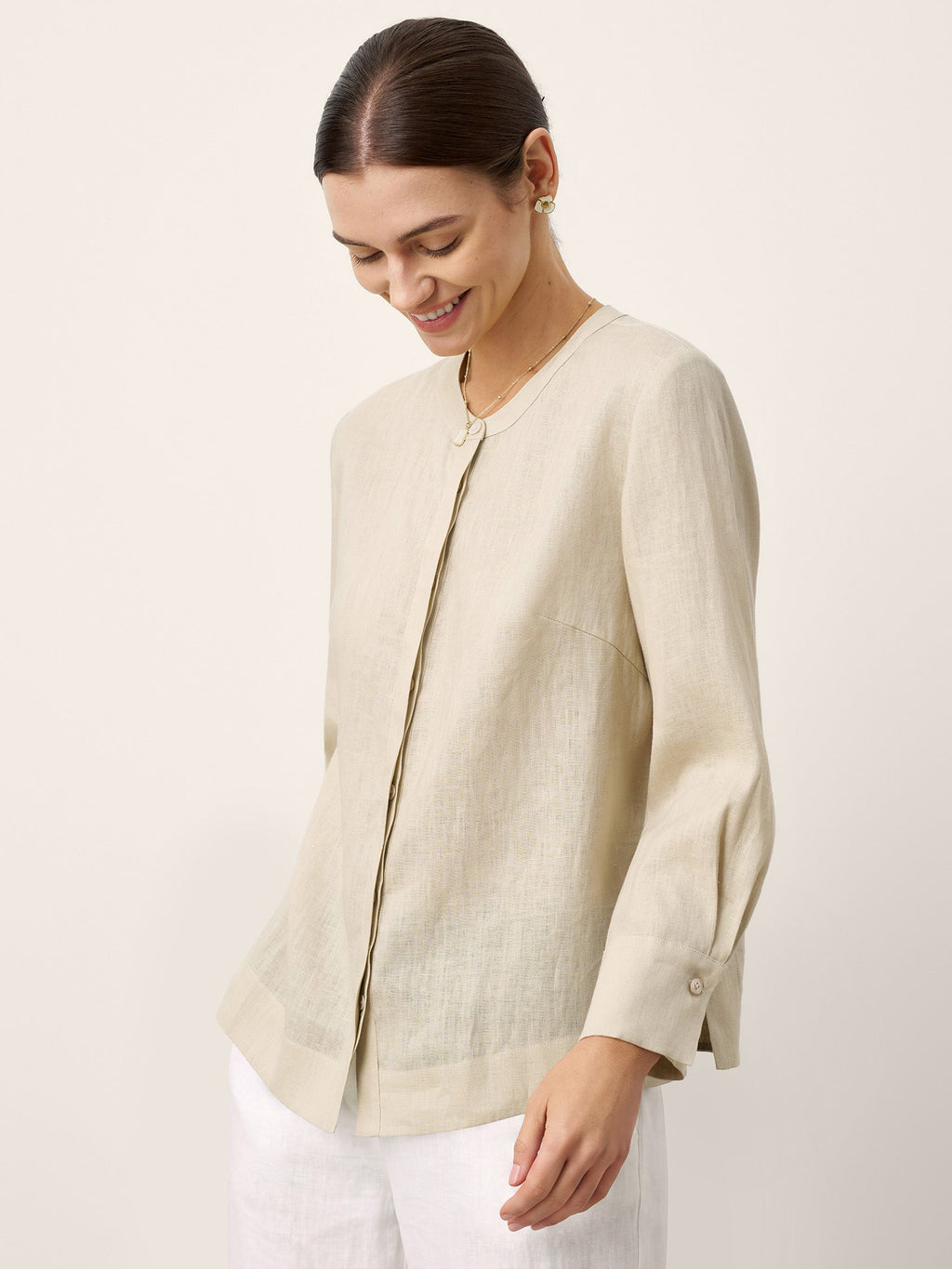 100% Linen Hidden Button Crew Neck Shirt INES LINTICO