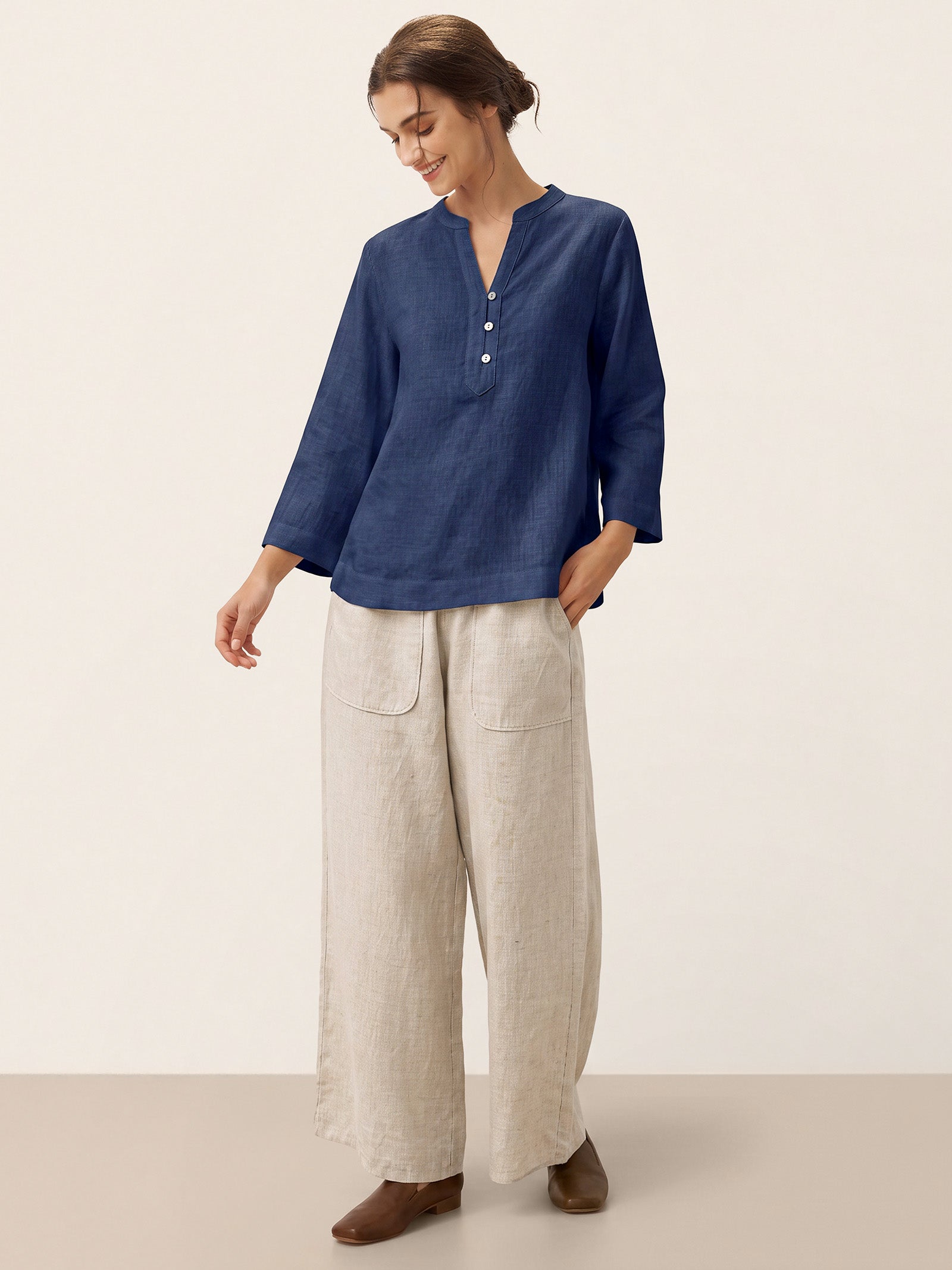 100% Linen Deep V-Neck Pullover with Button-Trim JOLYNE LINTICO