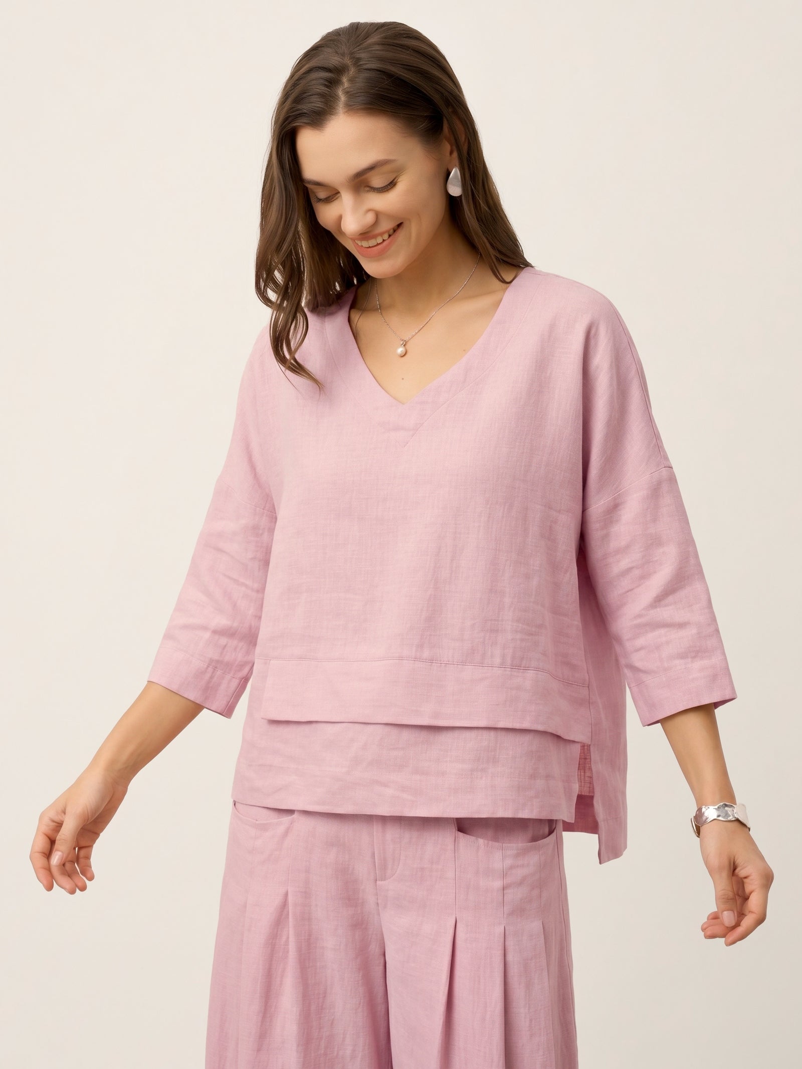 100% Linen Drop Shoulder Asymmetric Layered Hem Overtop VIOLA LINTICO