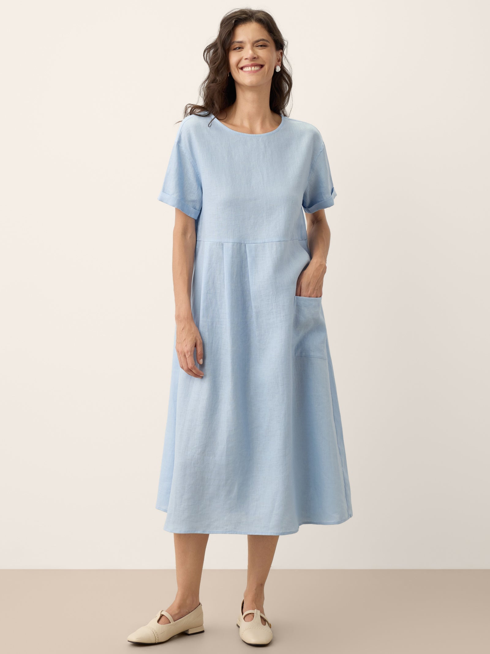 100% Linen Pinstripe Paneled Short-Sleeved Dress MORGAN LINTICO