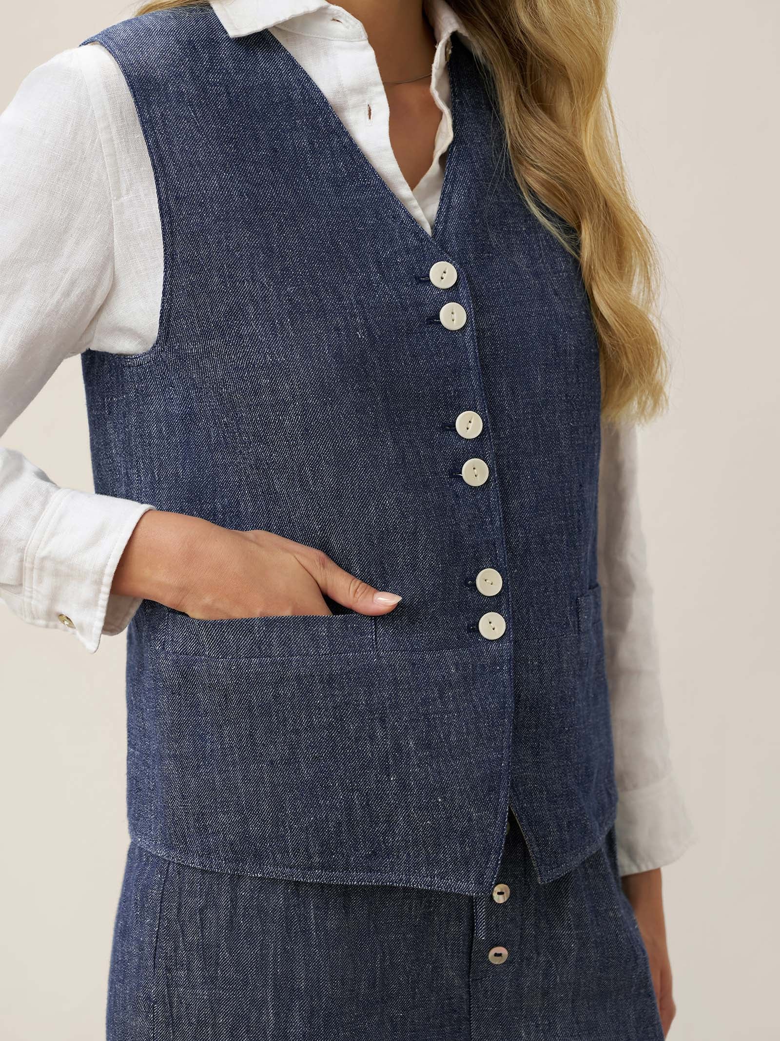 100% Linen Reversible Denim Texture Button Front Vest HARPER LINTICO