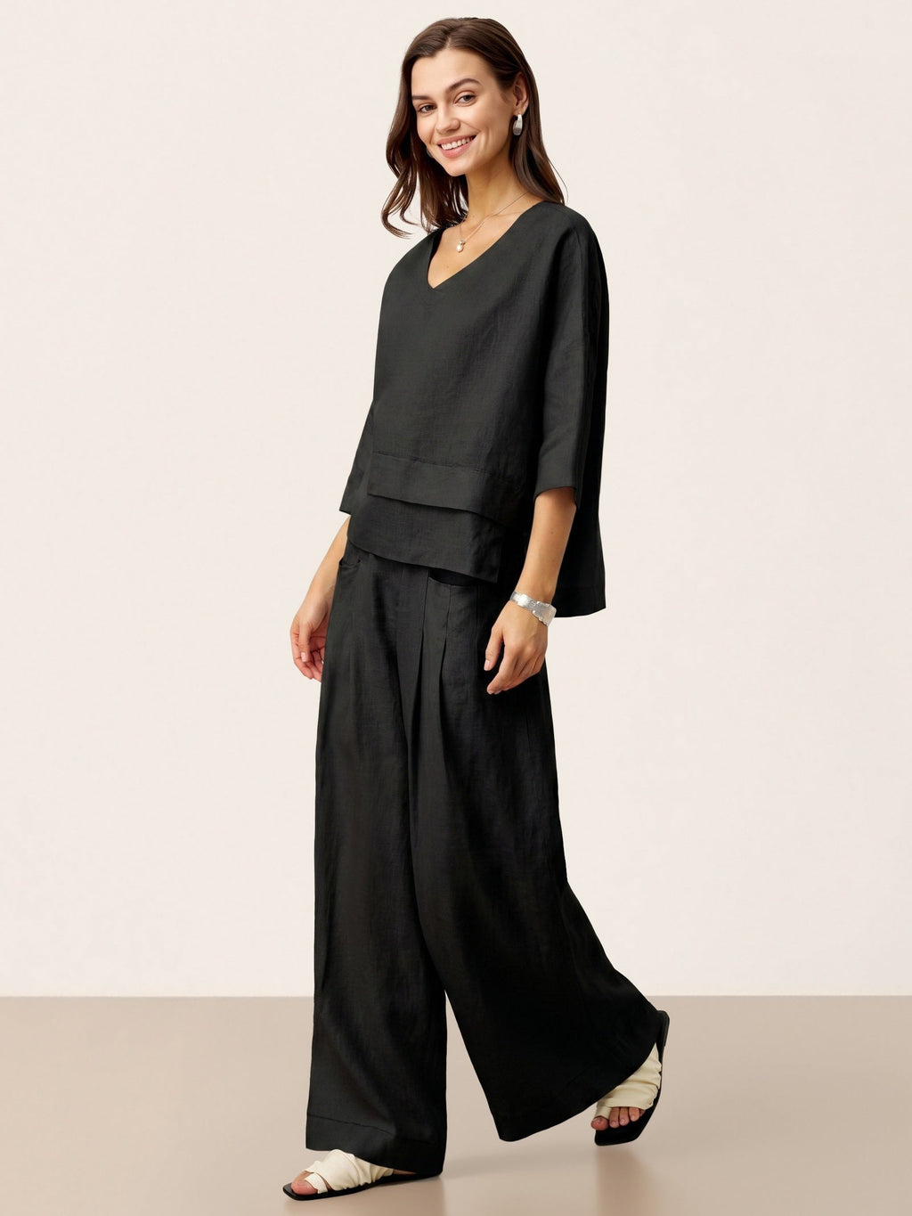 100% Linen Sculpted Pleat Elasticated Back Relaxed Pants VERIDIANA LINTICO