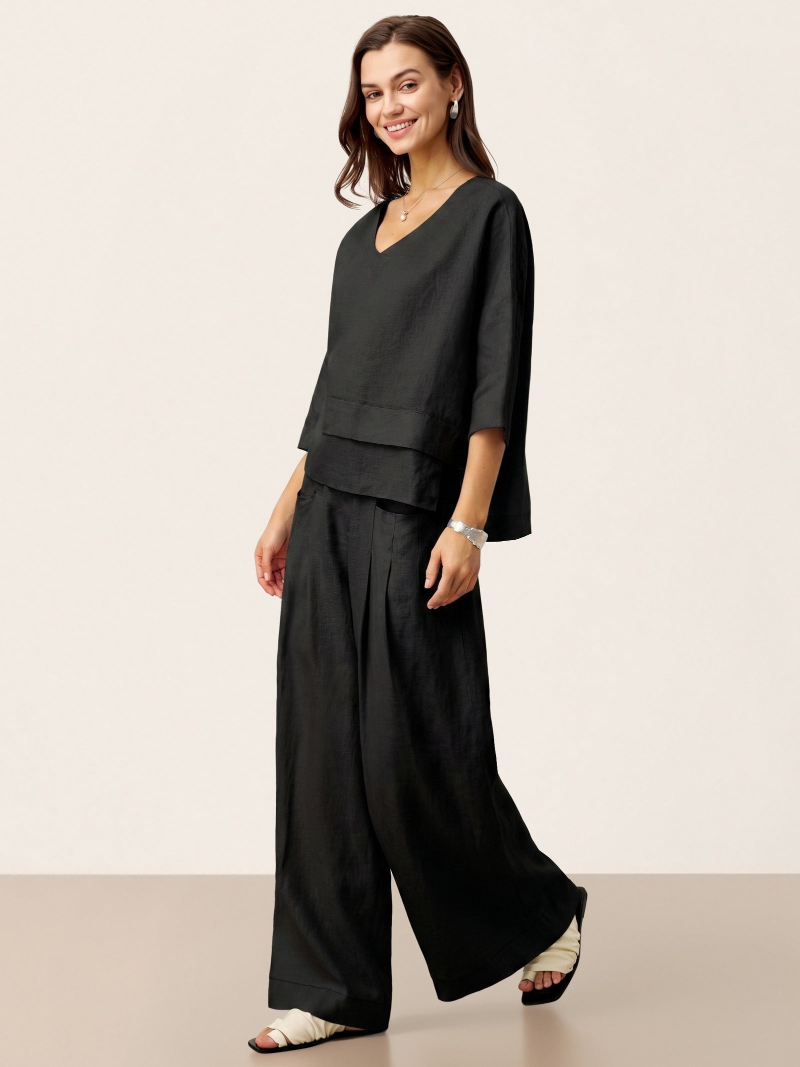 100% Linen Sculpted Pleat Elasticated Back Relaxed Pants VERIDIANA LINTICO