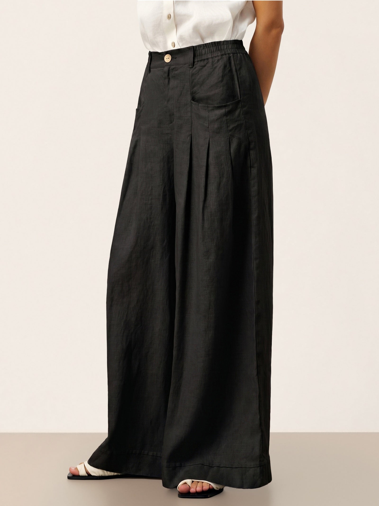 100% Linen Sculpted Pleat Elasticated Back Relaxed Pants VERIDIANA LINTICO