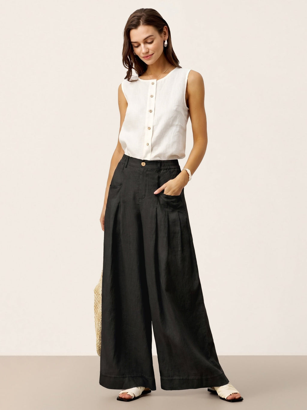 100% Linen Sculpted Pleat Elasticated Back Relaxed Pants VERIDIANA LINTICO