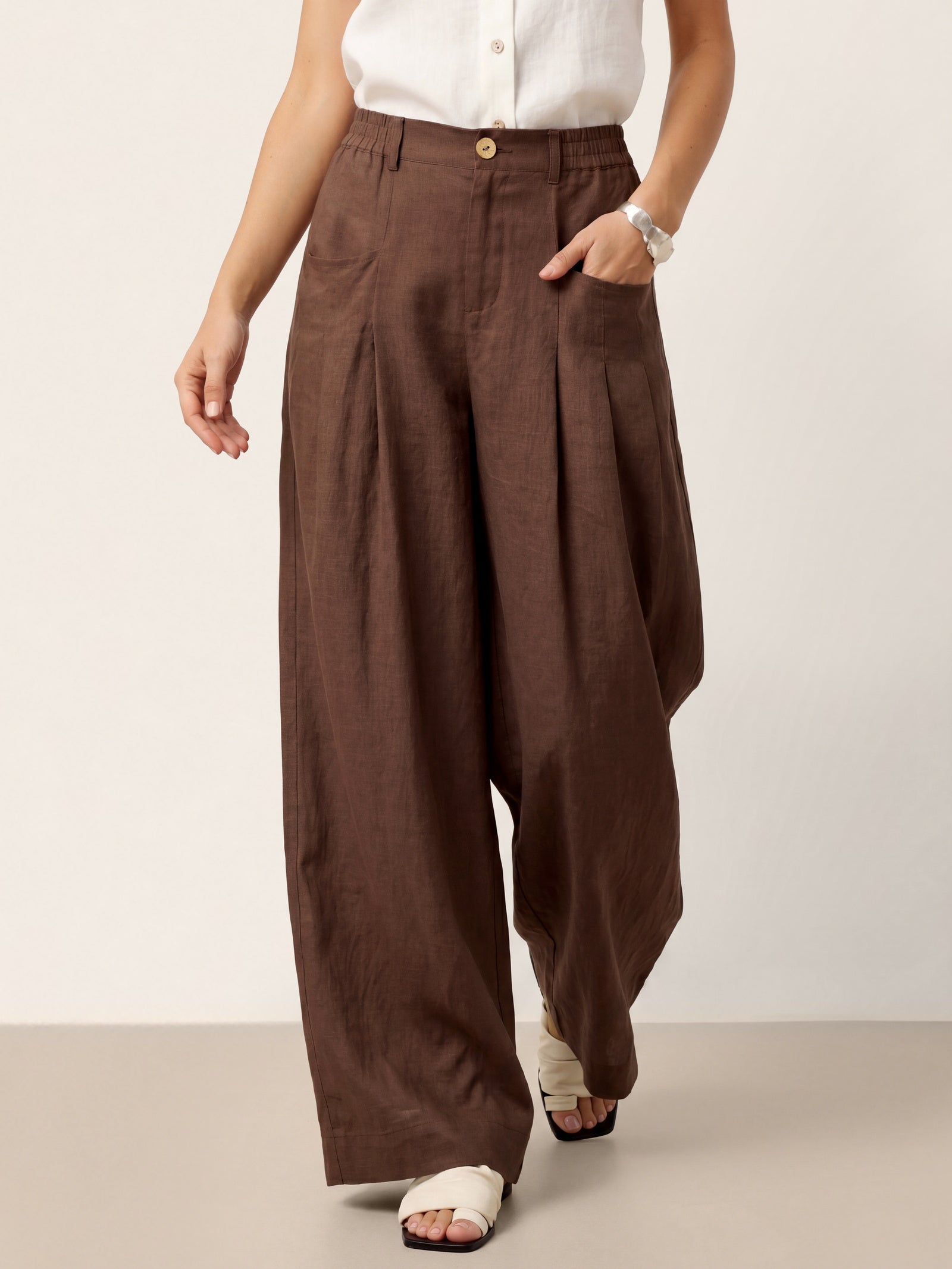 100% Linen Sculpted Pleat Elasticated Back Relaxed Pants VERIDIANA LINTICO