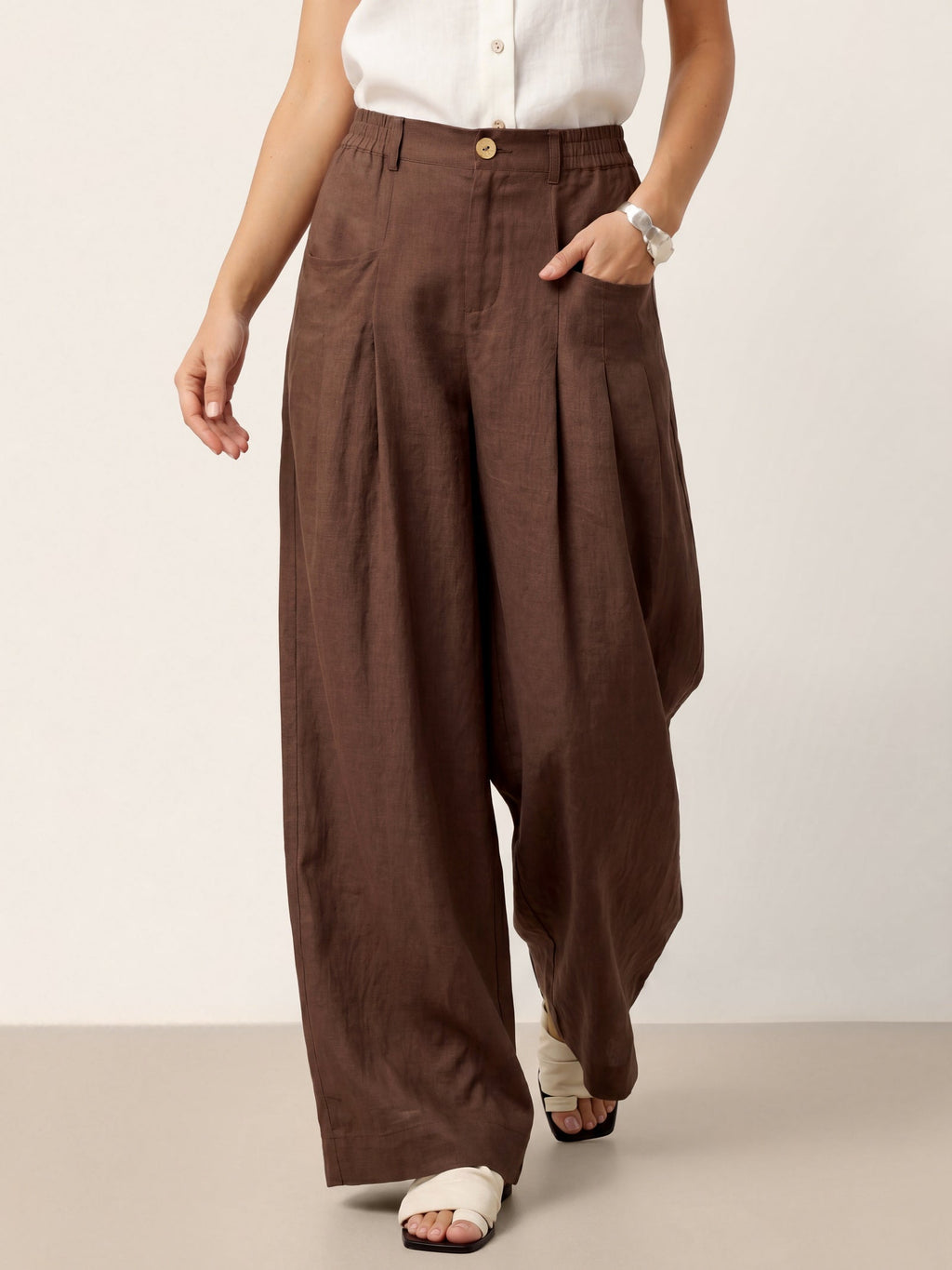 100% Linen Sculpted Pleat Elasticated Back Relaxed Pants VERIDIANA LINTICO