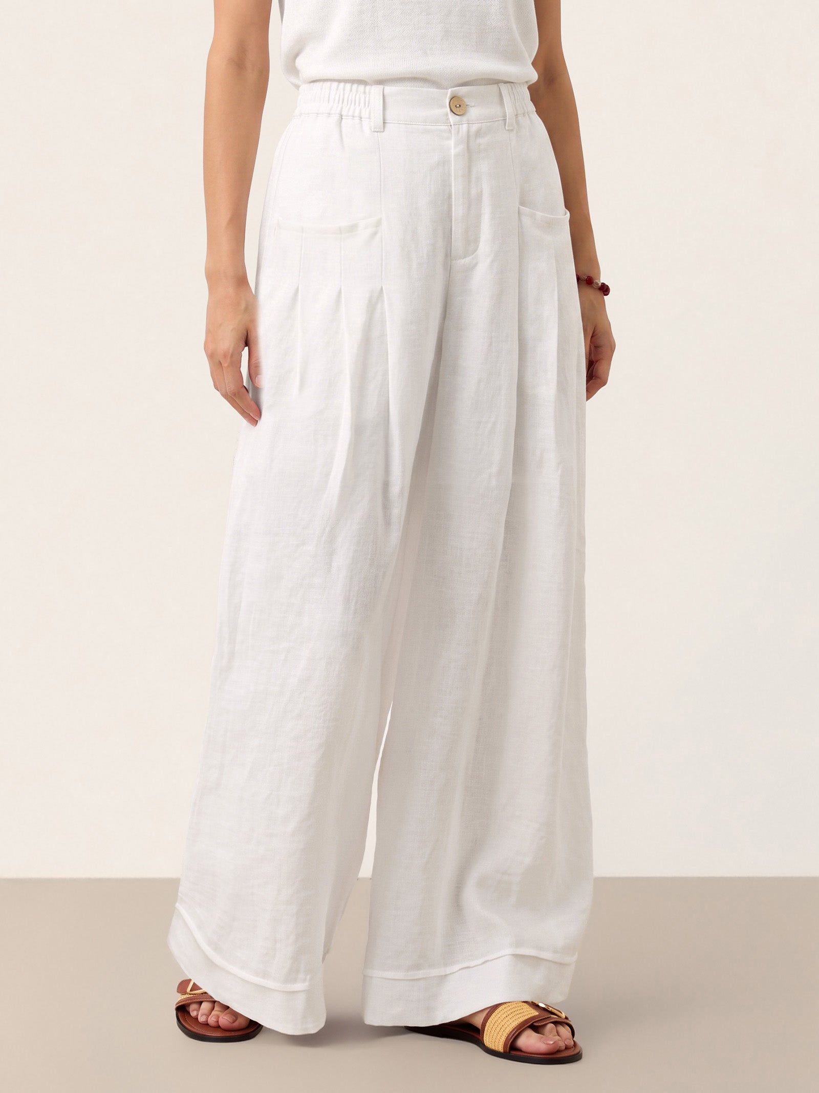 100% Linen Sculpted Pleat Elasticated Back Relaxed Pants VERIDIANA LINTICO
