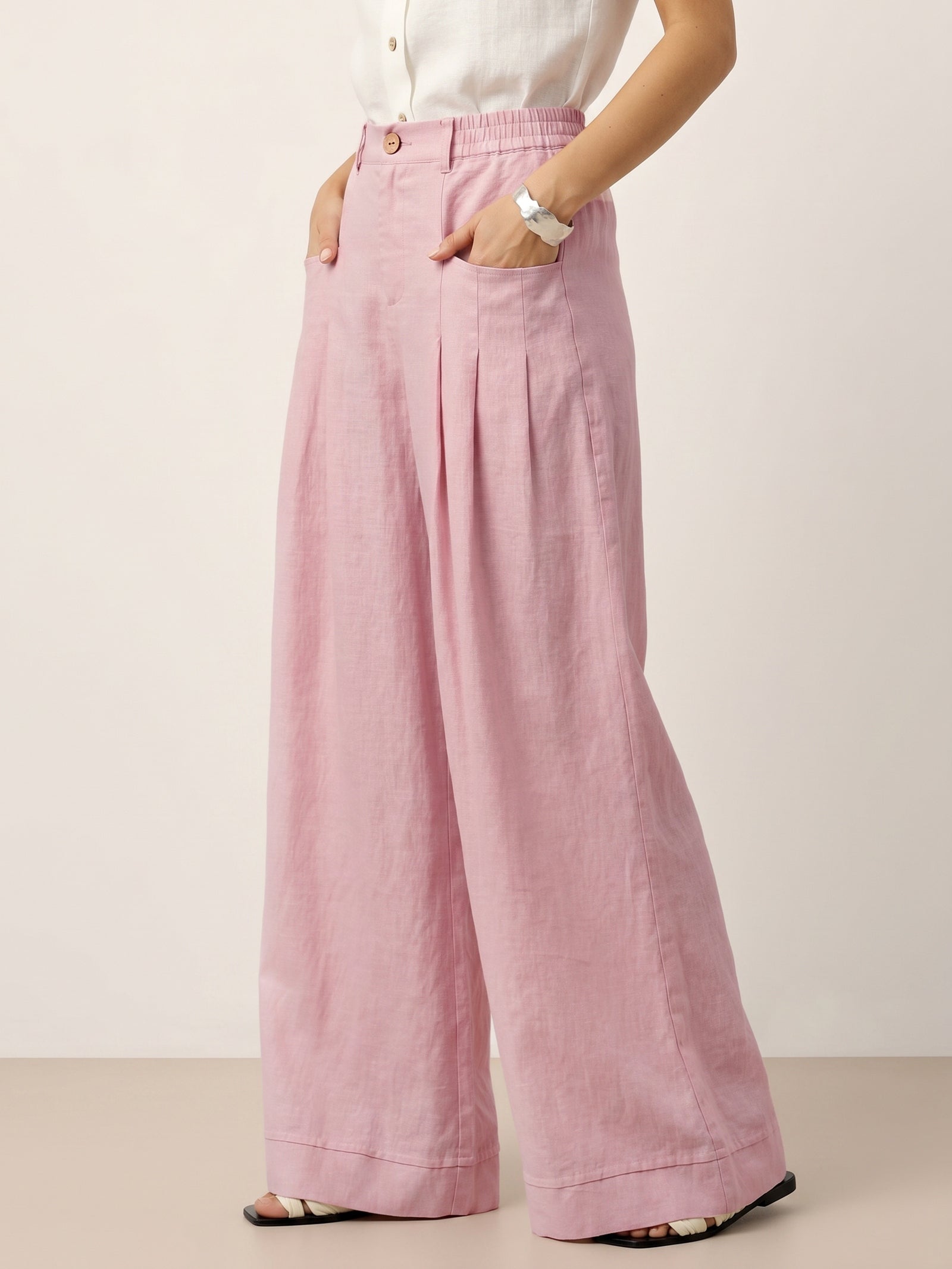 100% Linen Sculpted Pleat Elasticated Back Relaxed Pants VERIDIANA LINTICO
