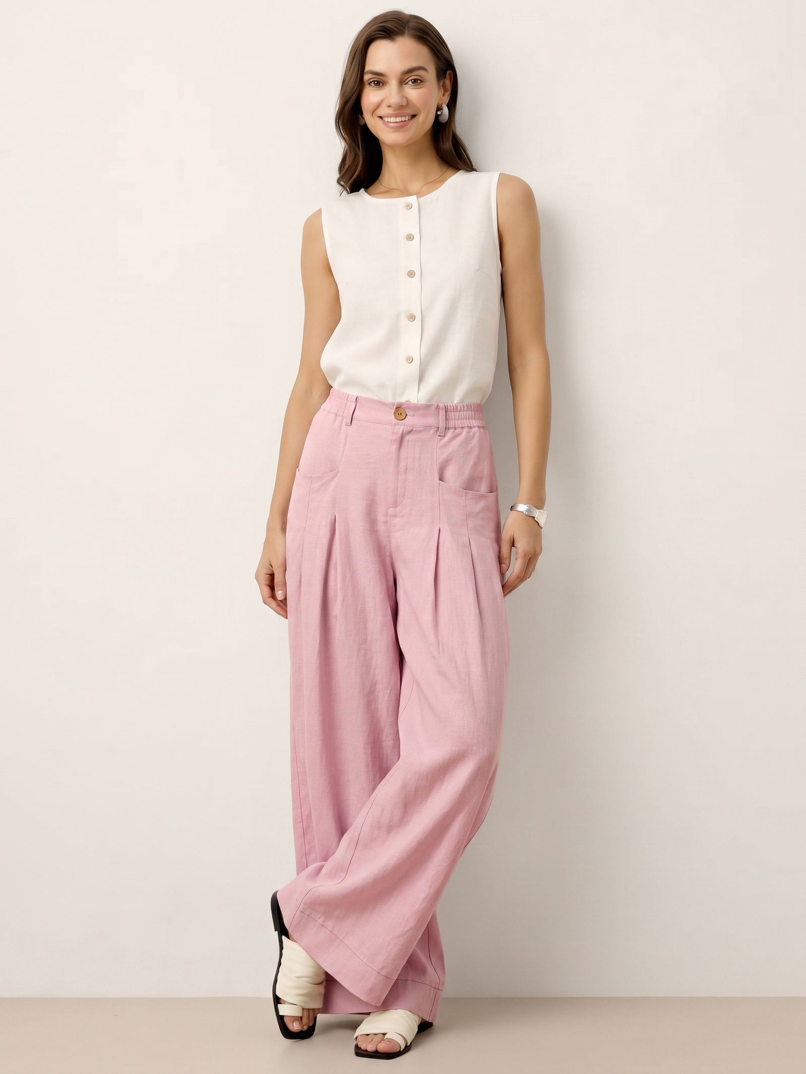100% Linen Sculpted Pleat Elasticated Back Relaxed Pants VERIDIANA LINTICO