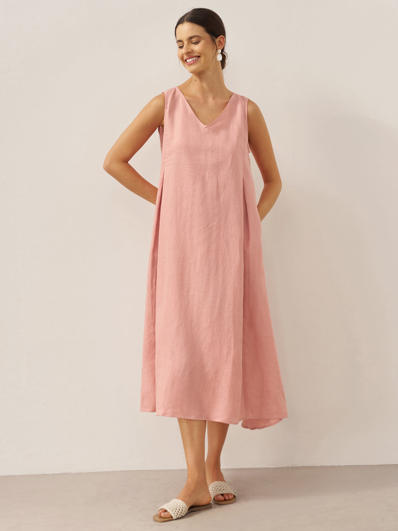 100% Linen Sleeveless A-Line Midi Dress TARA LINTICO
