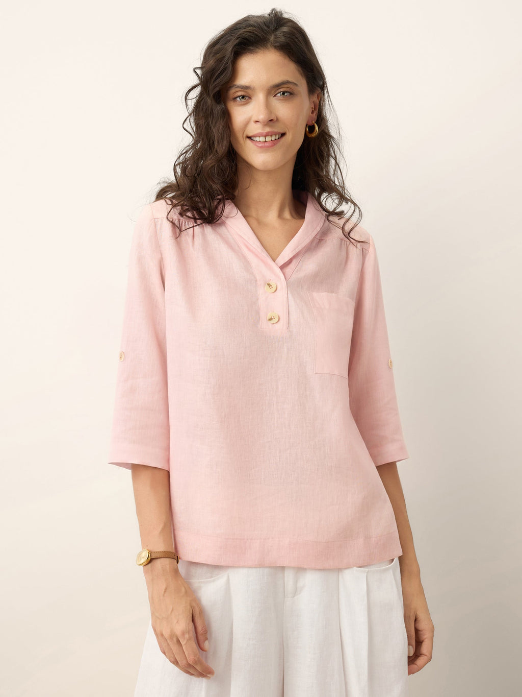 100% Linen Soft Collar Tab Sleeve Top OLGA LINTICO