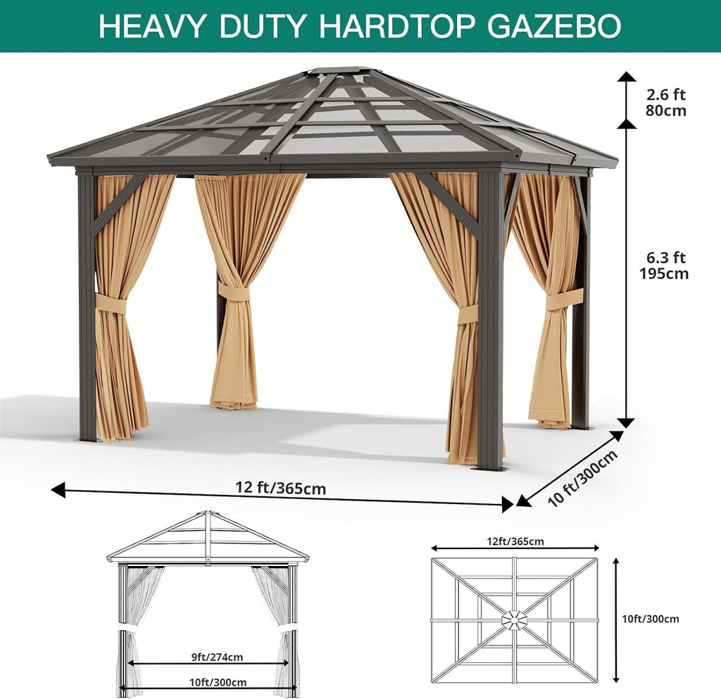 10x12 Ft Aluminum Hardtop Gazebo Polycarbonate Roof