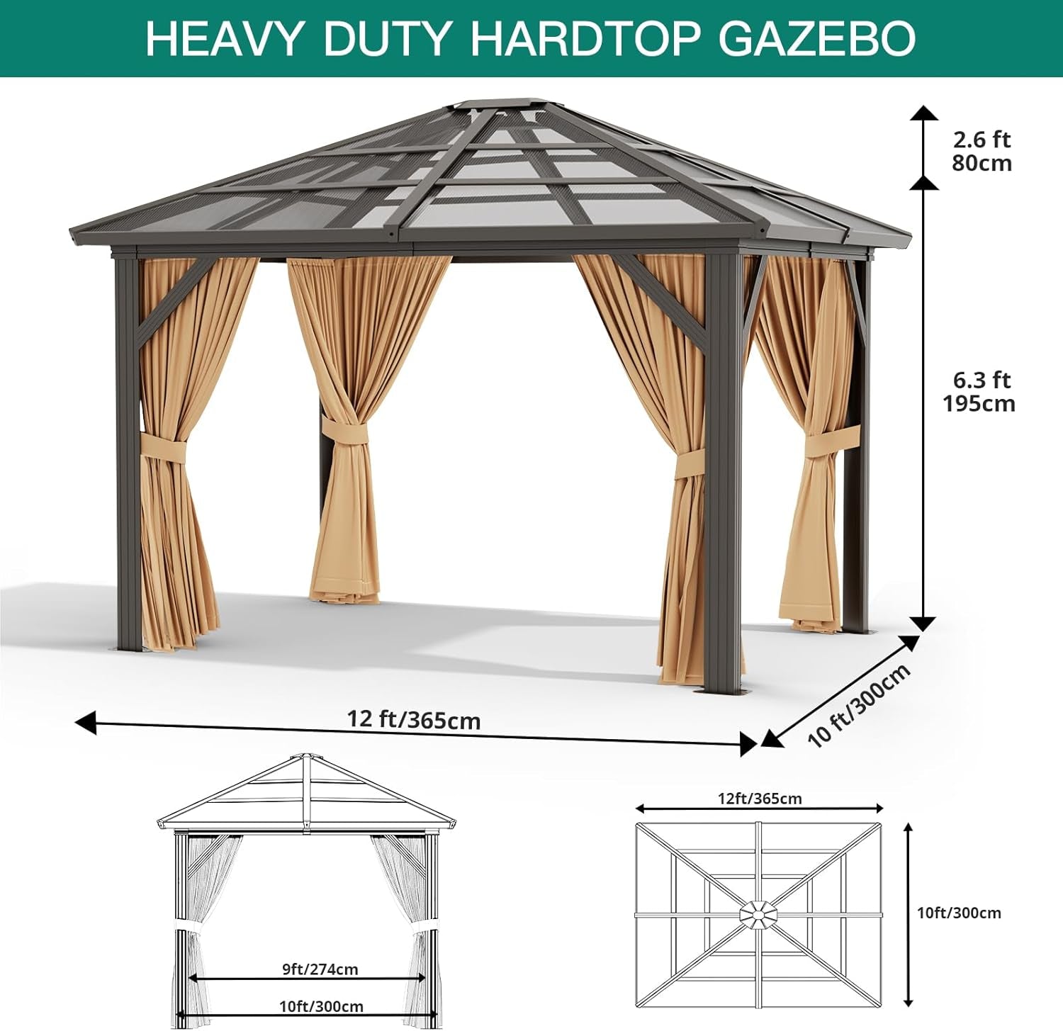 10x12 Ft Aluminum Hardtop Gazebo Polycarbonate Roof