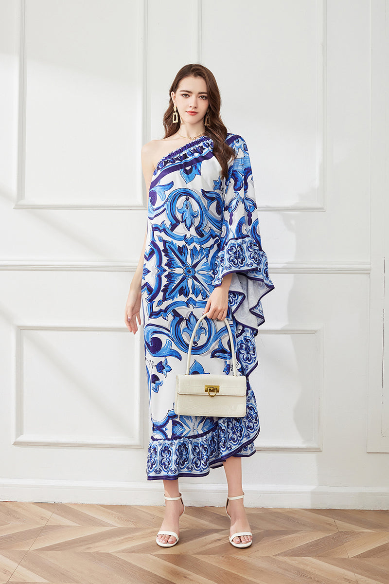 Spring Summer Asymmetric Design Slant Shoulder Print Loose Dress Bella Mia