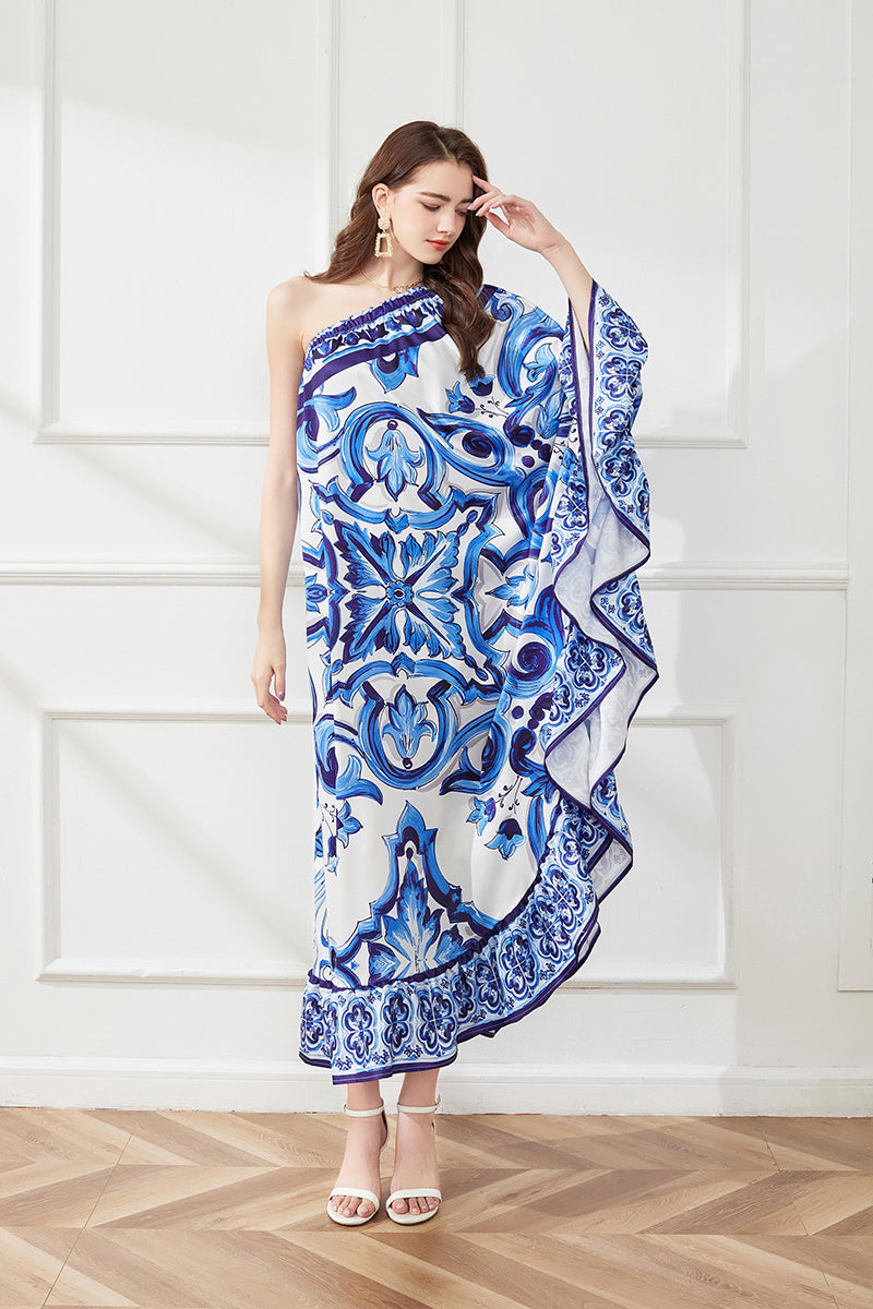 Spring Summer Asymmetric Design Slant Shoulder Print Loose Dress Bella Mia