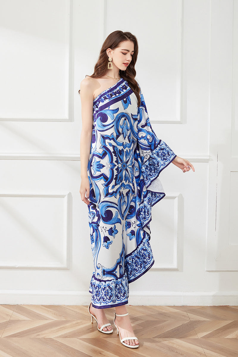 Spring Summer Asymmetric Design Slant Shoulder Print Loose Dress Bella Mia