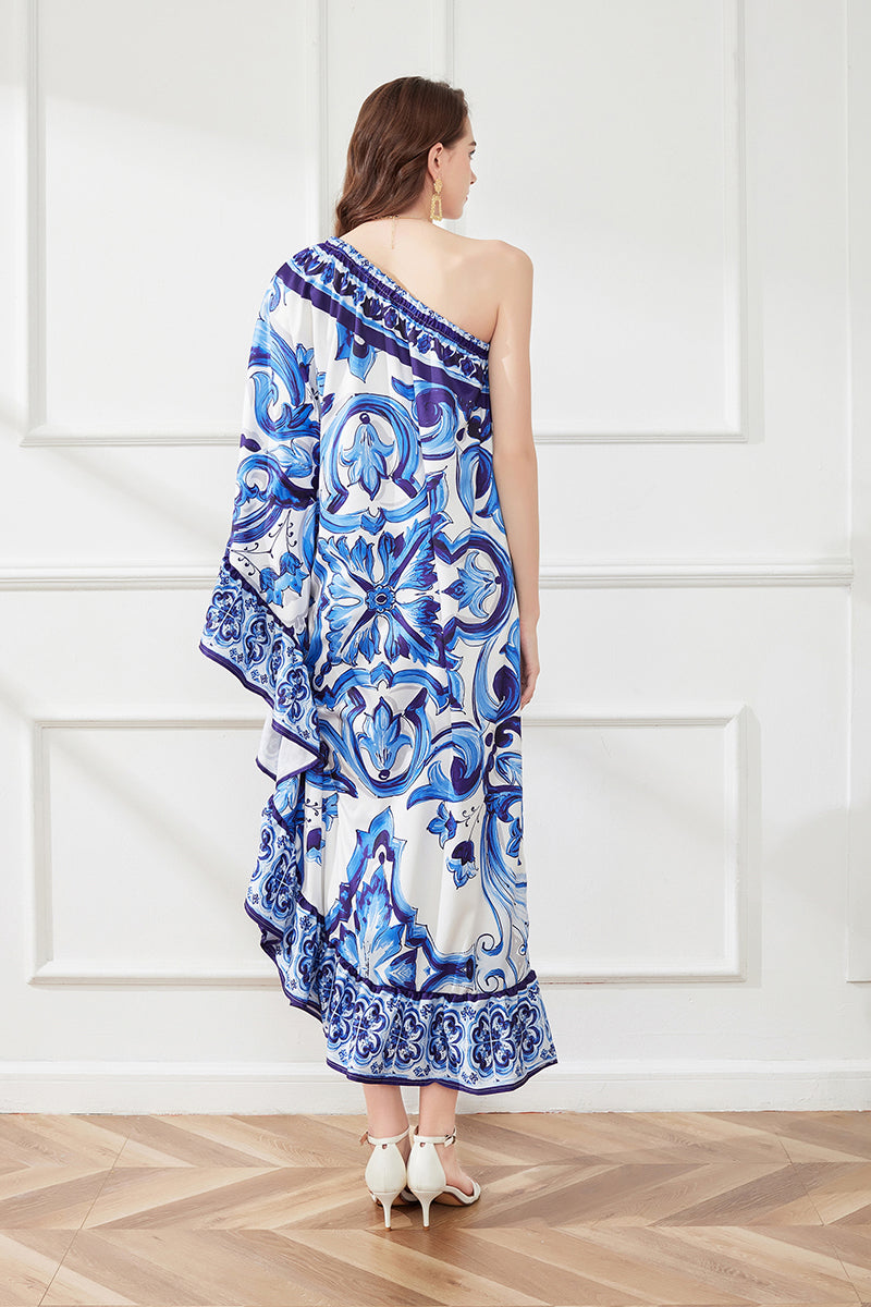 Spring Summer Asymmetric Design Slant Shoulder Print Loose Dress Bella Mia