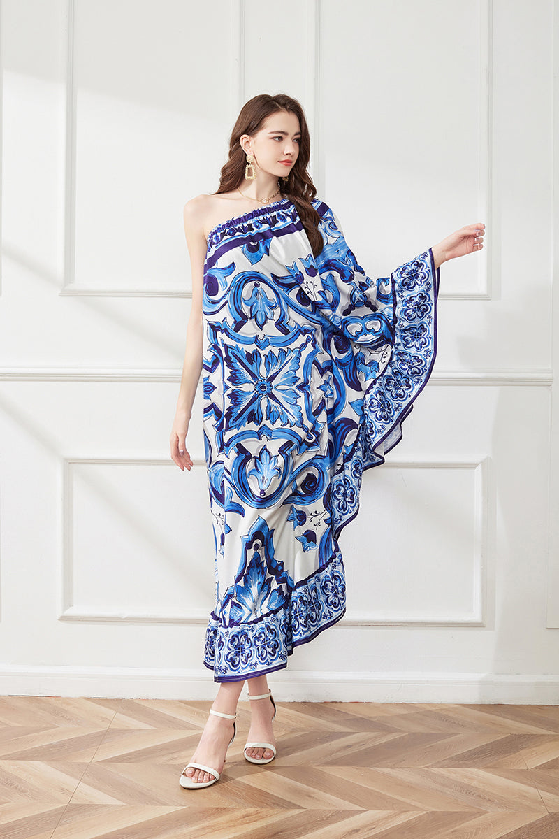 Spring Summer Asymmetric Design Slant Shoulder Print Loose Dress Bella Mia