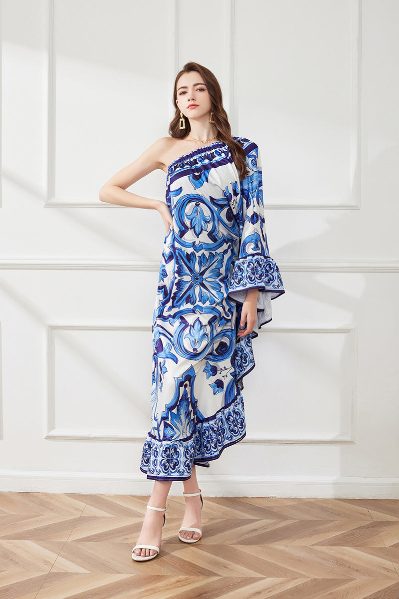 Spring Summer Asymmetric Design Slant Shoulder Print Loose Dress Bella Mia