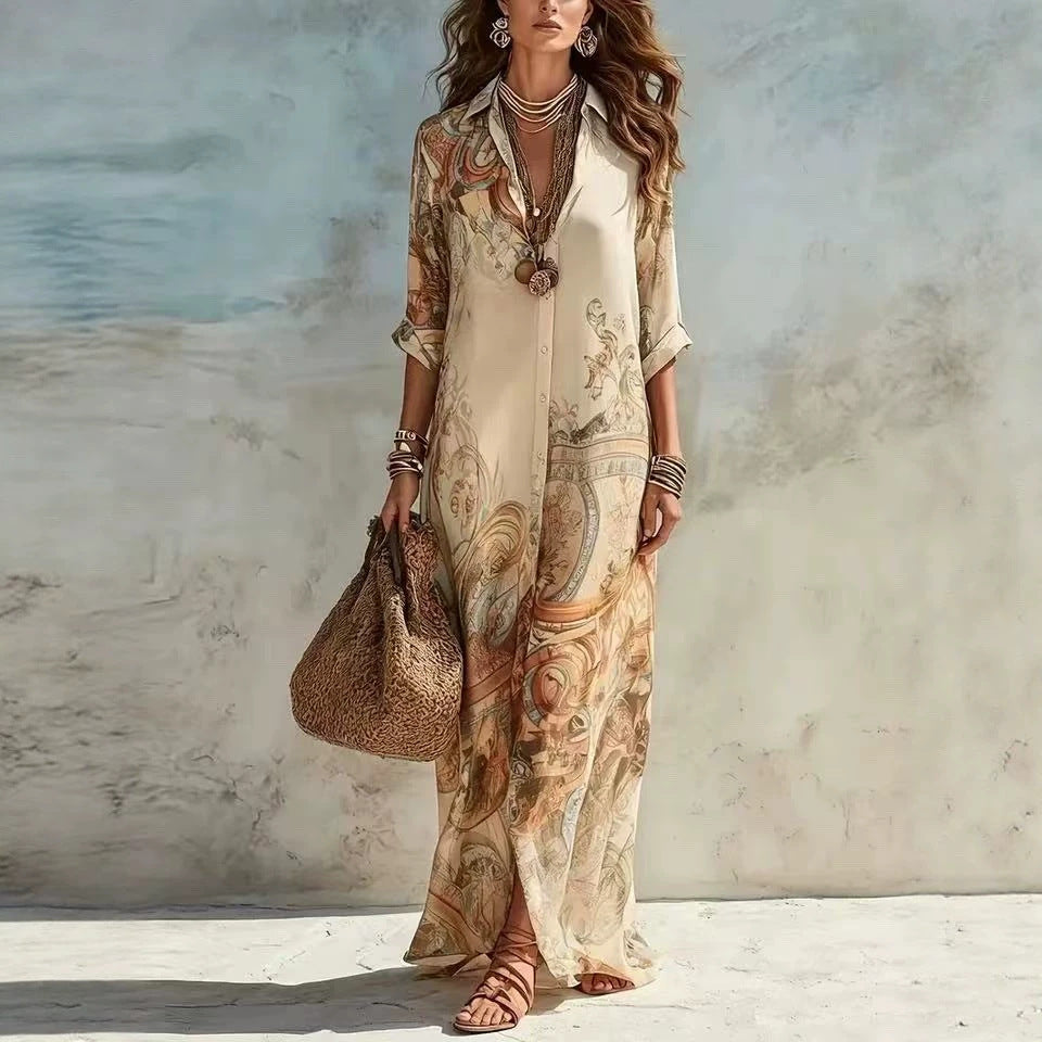 Chiffon Digital Print Vintage Flowy Midi Dress – Women's Button-Front Sundress FitiqueFit