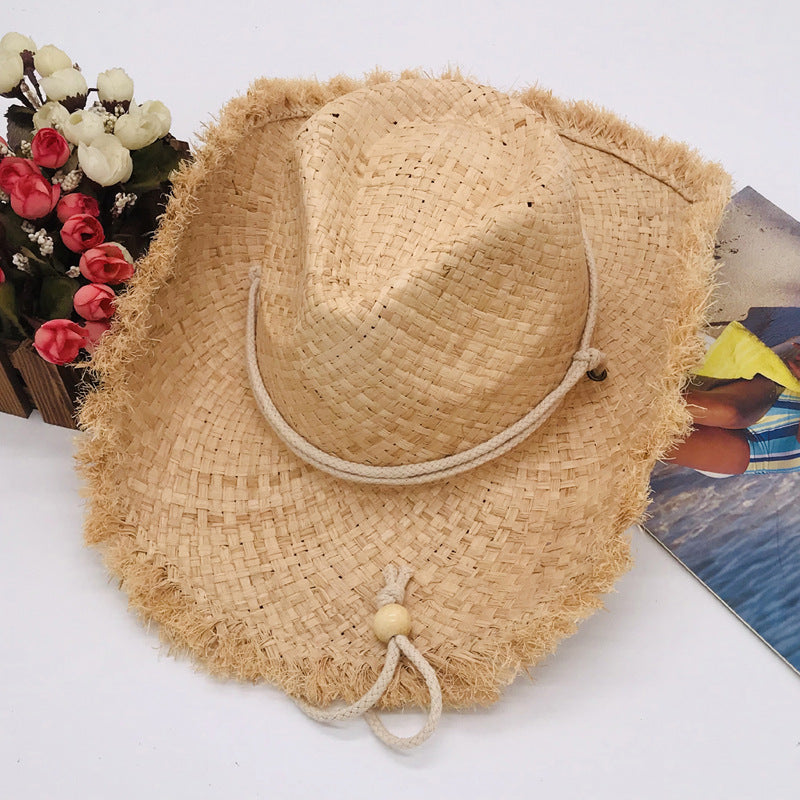 Fashionable Frayed Hem Wide Brim Cowboy Hat Raffia Straw Flanging Hat Seaside Sun Proof Solid Color Straw Hat Wanita Store