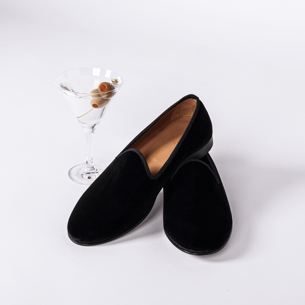 Men's Black Velvet Slipper II With Black Grosgrain Stripe Del Toro Shoes