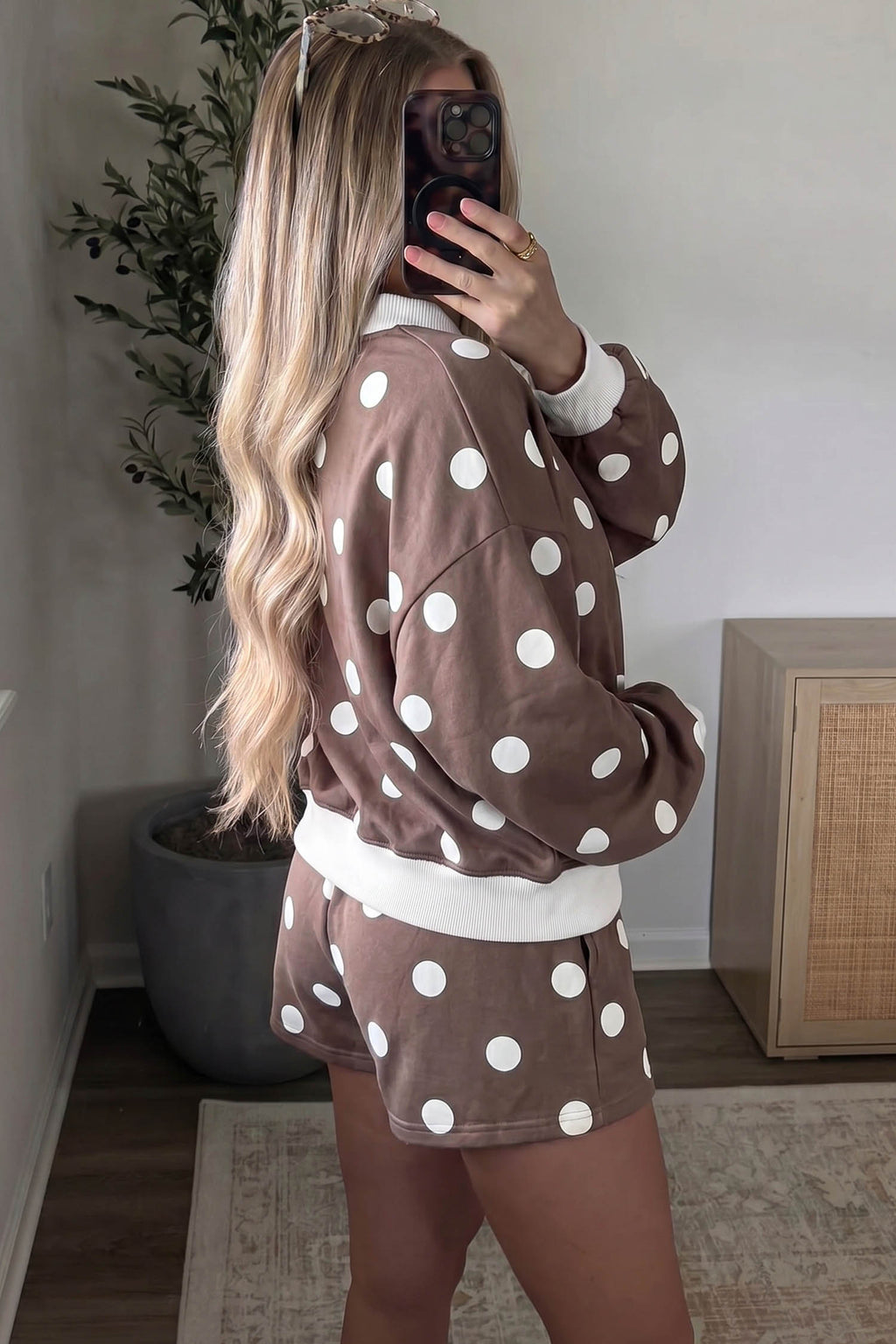 Brown Polka Dot Ribbed Trim Long Sleeve Top Casual Short Set