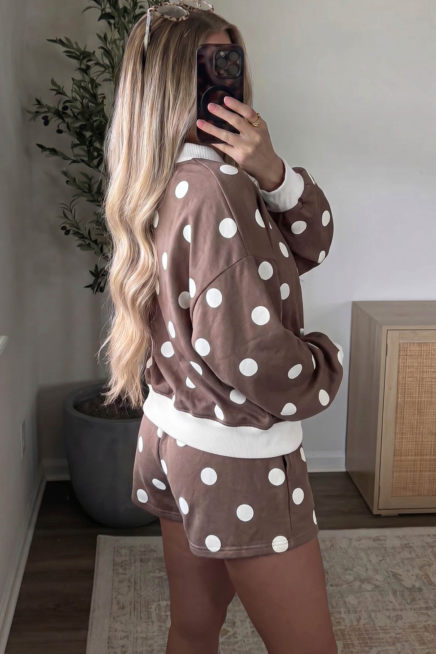 Brown Polka Dot Ribbed Trim Long Sleeve Top Casual Short Set