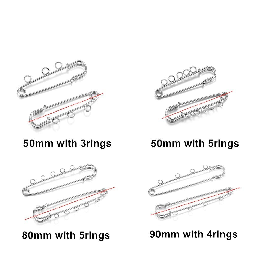 10pcs/lot Safety Pins Brooch Blank Base Brooch Pins 50/80/90mm Pins 3/5 Rings Jewelry Pin for Jewelry Making Women's Brooch Pins Pullover Scarf Clips Stainless Steel Heavy Duty Safety Pin Stevvex