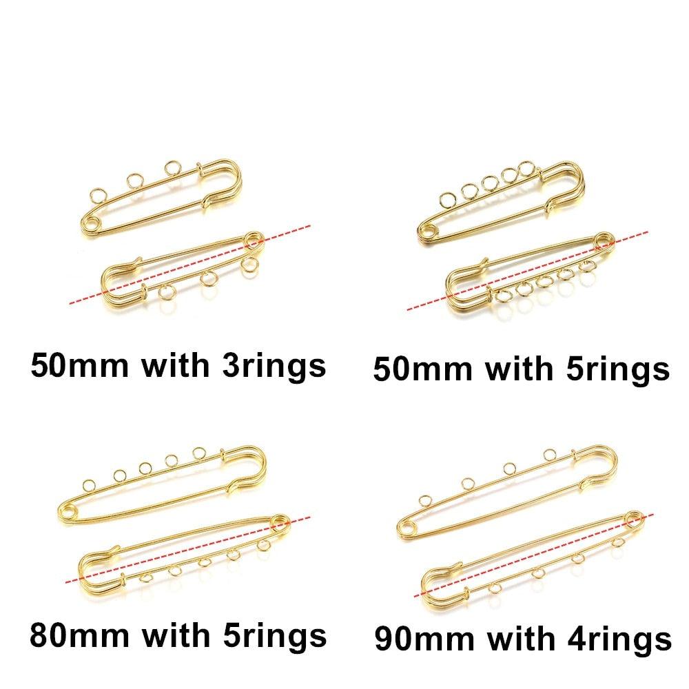 10pcs/lot Safety Pins Brooch Blank Base Brooch Pins 50/80/90mm Pins 3/5 Rings Jewelry Pin for Jewelry Making Women's Brooch Pins Pullover Scarf Clips Stainless Steel Heavy Duty Safety Pin Stevvex