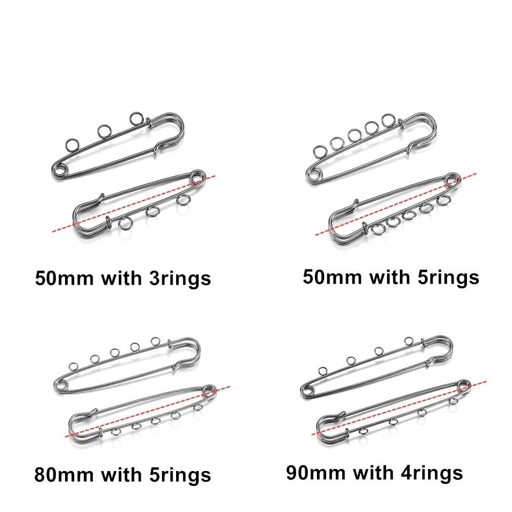10pcs/lot Safety Pins Brooch Blank Base Brooch Pins 50/80/90mm Pins 3/5 Rings Jewelry Pin for Jewelry Making Women's Brooch Pins Pullover Scarf Clips Stainless Steel Heavy Duty Safety Pin Stevvex