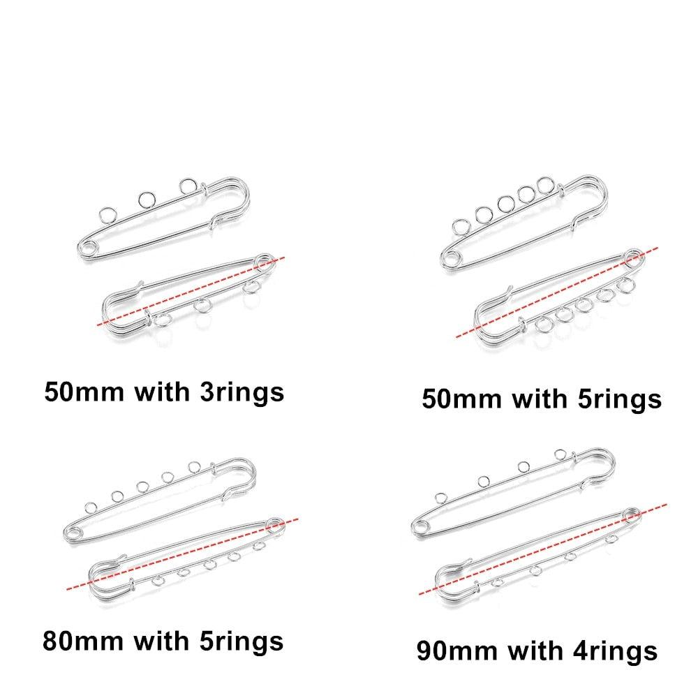 10pcs/lot Safety Pins Brooch Blank Base Brooch Pins 50/80/90mm Pins 3/5 Rings Jewelry Pin for Jewelry Making Women's Brooch Pins Pullover Scarf Clips Stainless Steel Heavy Duty Safety Pin Stevvex