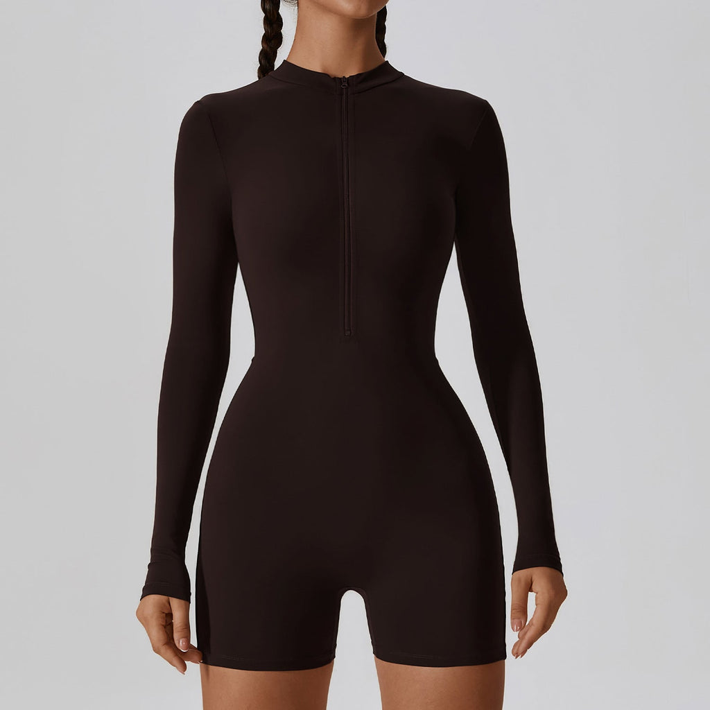 Sollinarry Open Collar Long-Sleeve Zipper One-Piece Dance Fitness Sports Jumpsuit Sexy Tight Yoga Clothes Women