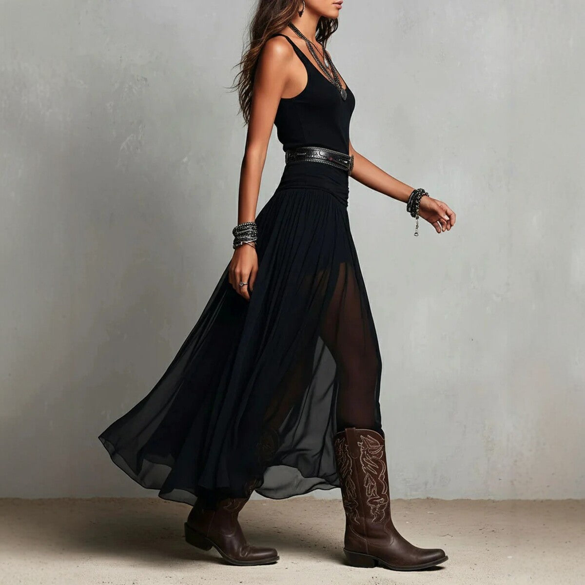 Black Mesh Strap Maxi Dress – V-Neck Pleated Long Dress
