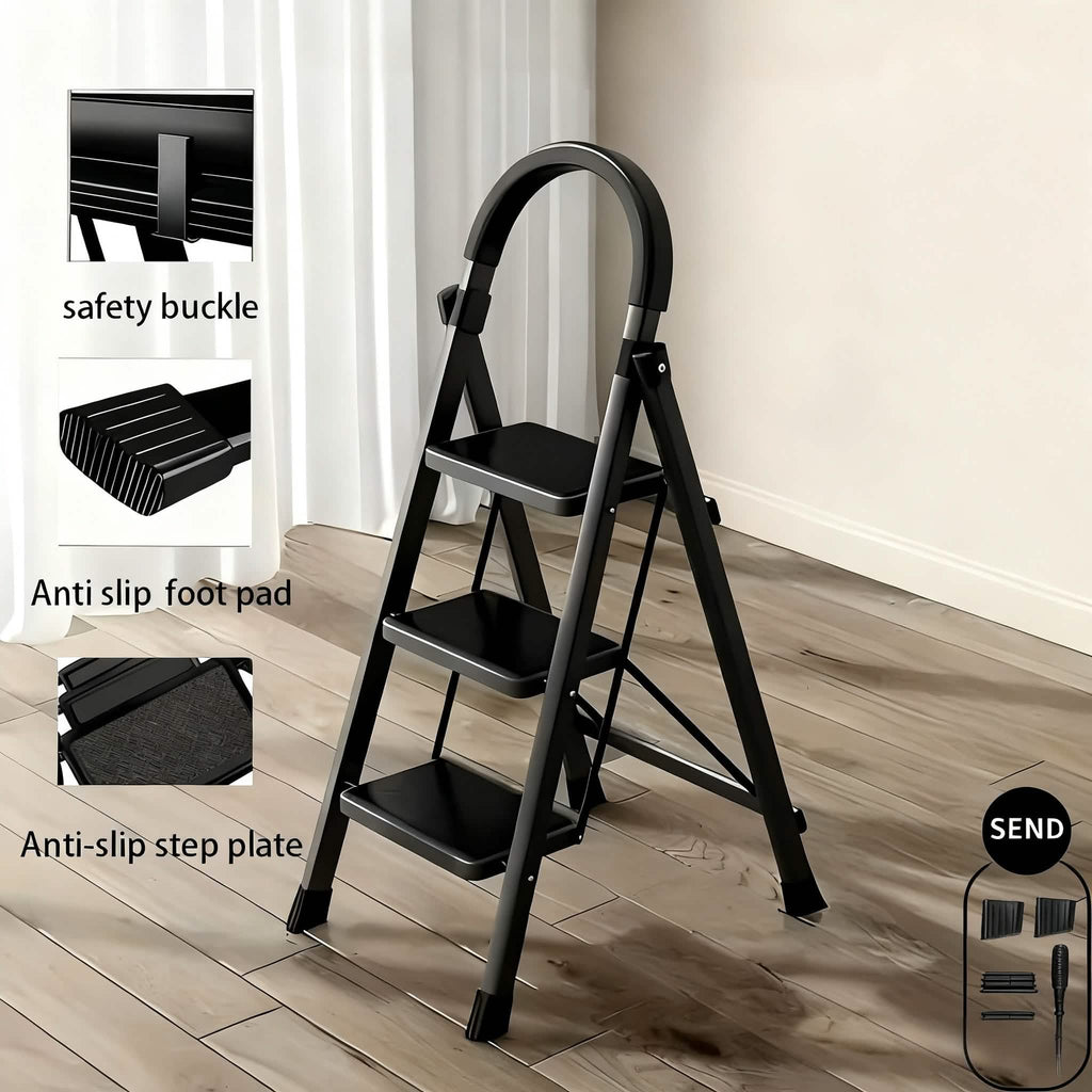 Folding 3/4-Step Ladder – Portable Steel Step Stool, Anti-Slip DailySale
