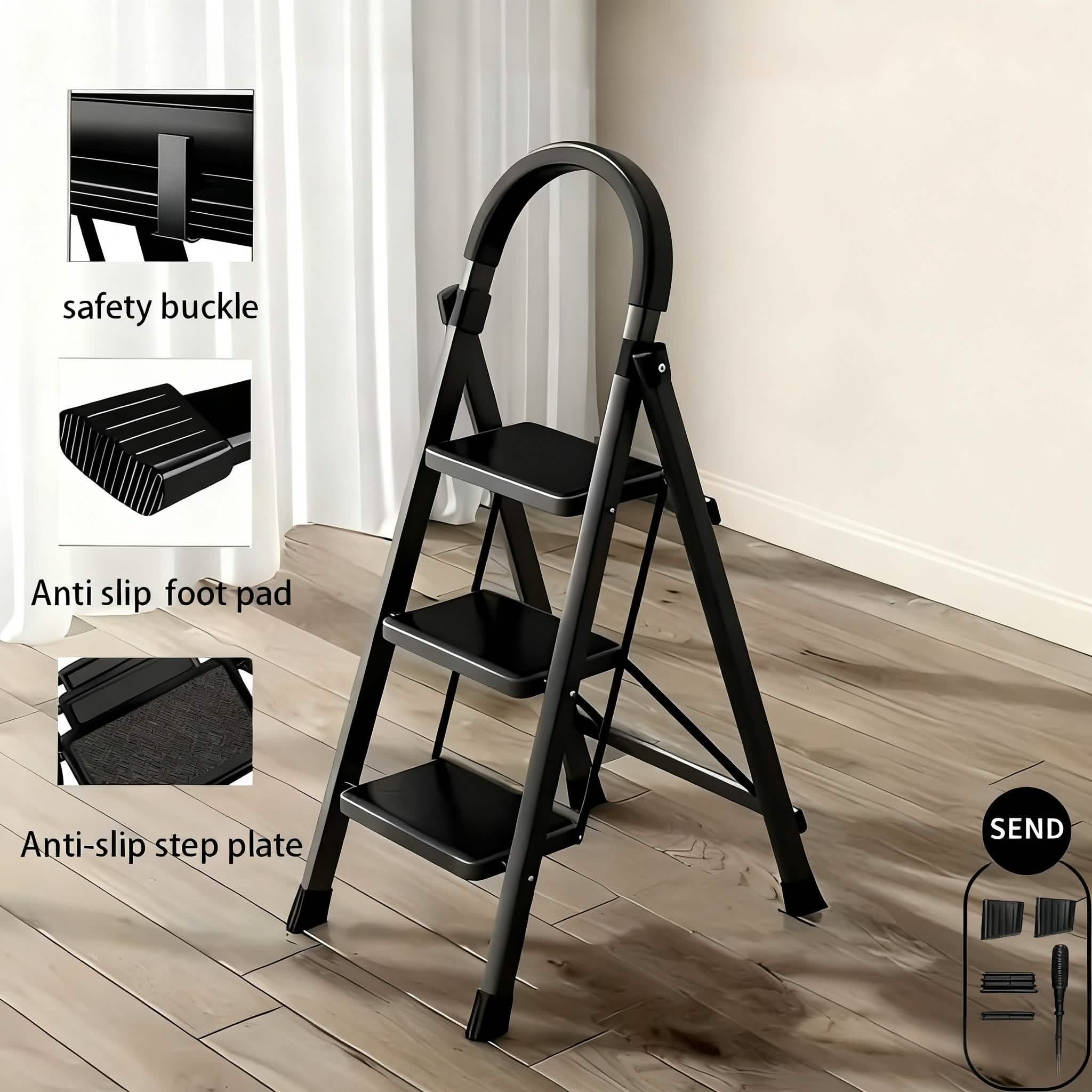 Folding 3/4-Step Ladder – Portable Steel Step Stool, Anti-Slip DailySale