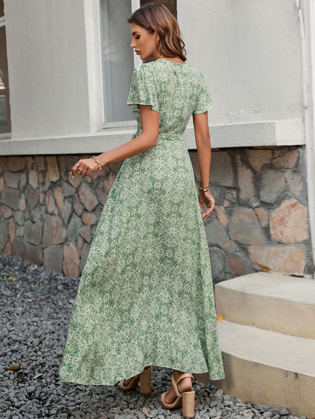 Summer New Women V neck Printed Short sleeved One piece Strap Dress Beach Holiday Style Big dress Bella Mia