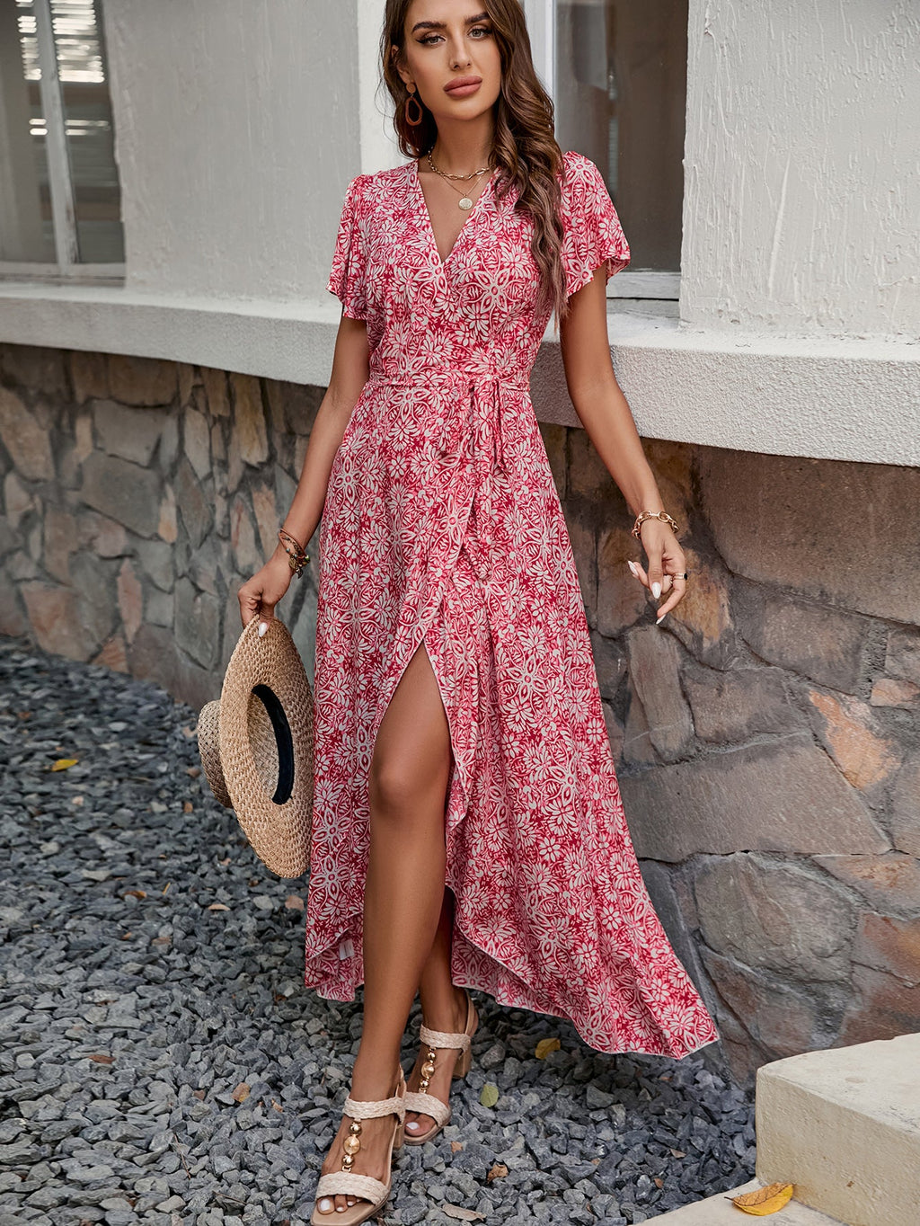 Summer New Women V neck Printed Short sleeved One piece Strap Dress Beach Holiday Style Big dress Bella Mia
