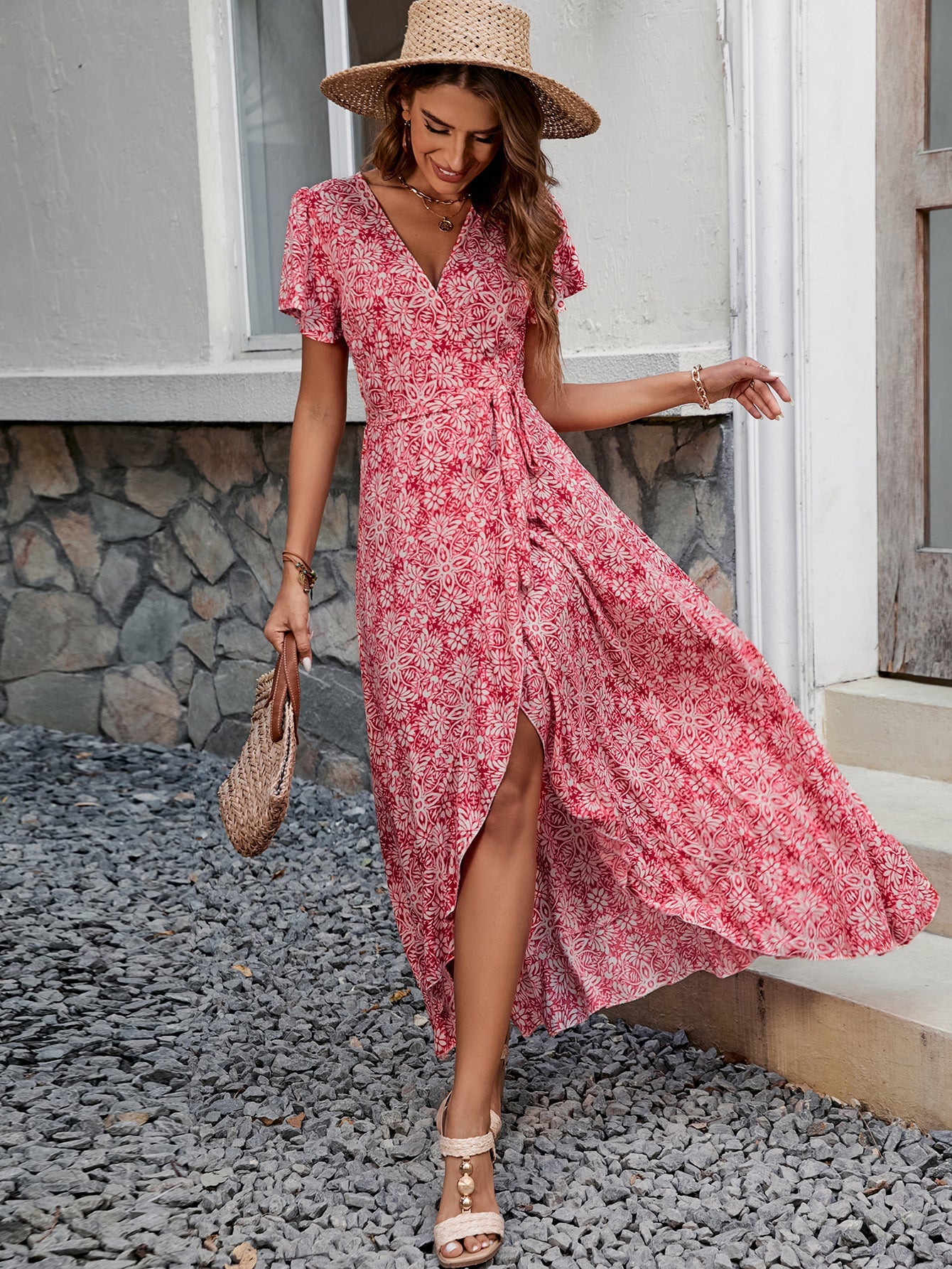 Summer New Women V neck Printed Short sleeved One piece Strap Dress Beach Holiday Style Big dress Bella Mia