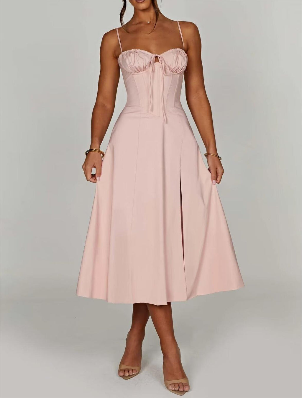 Women Mid Length Dress With Cross Back Tied Slim Fit Straps Niche Sexy Side Split Bella Mia