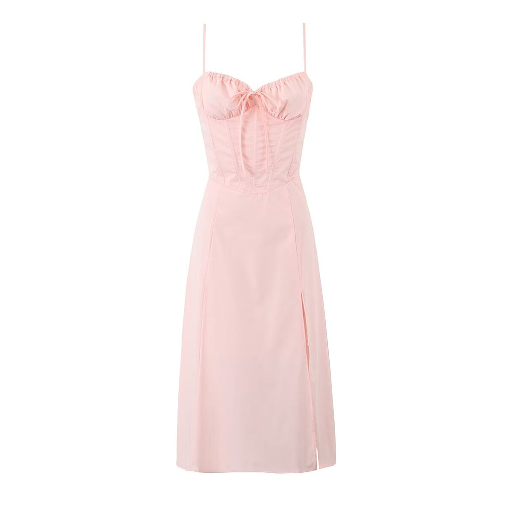 Women Mid Length Dress With Cross Back Tied Slim Fit Straps Niche Sexy Side Split Bella Mia