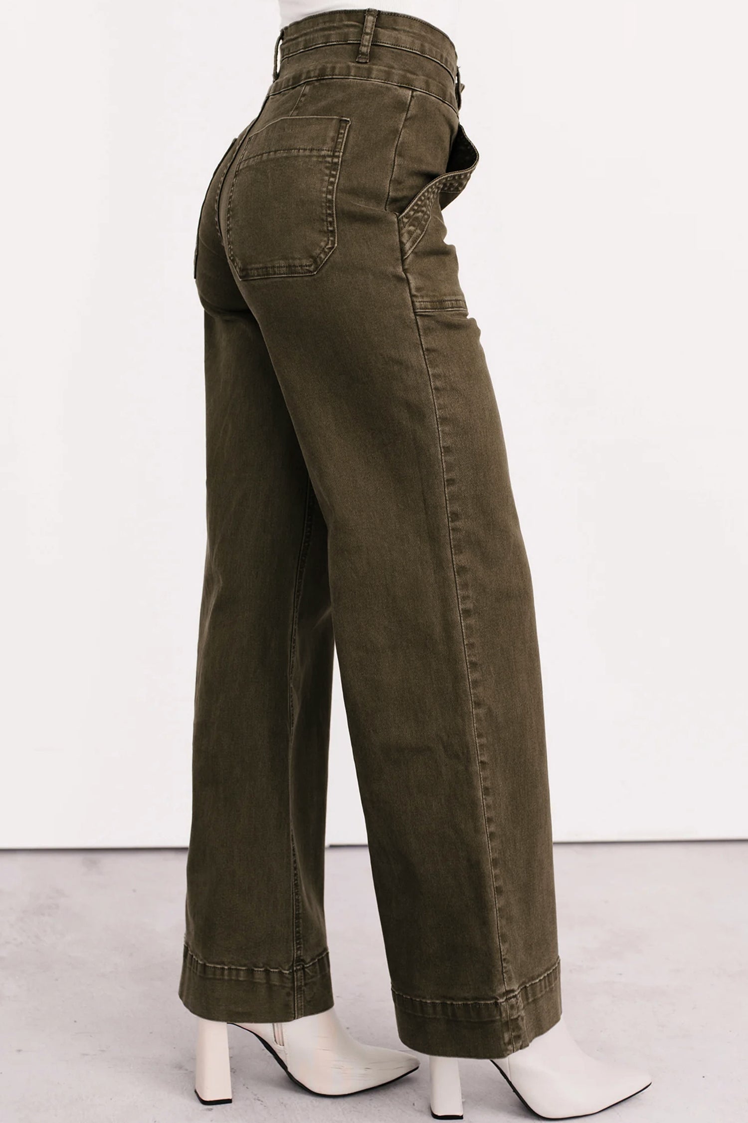 Jungle Green Double Waistband Loose Straight Jeans Shewin