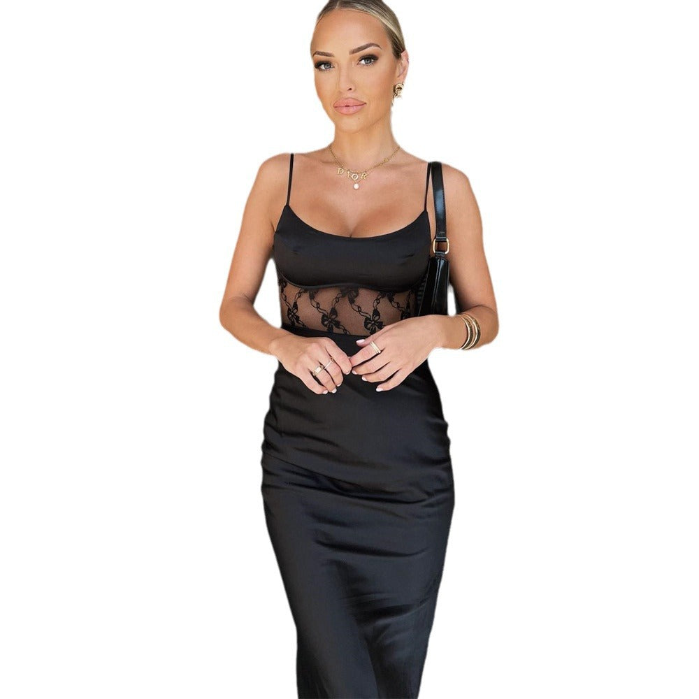 Women Wear Spring Summer Sexy Lace Stitching Satin Sheath Dress Bella Mia
