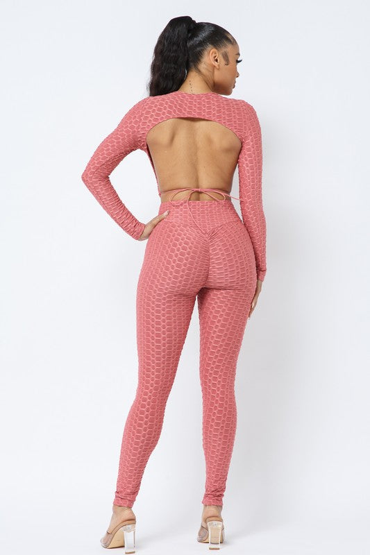 Honeycomb Open Back Leggings Set – Textured 2 Piece Outfit Rose In Concrete 🥀